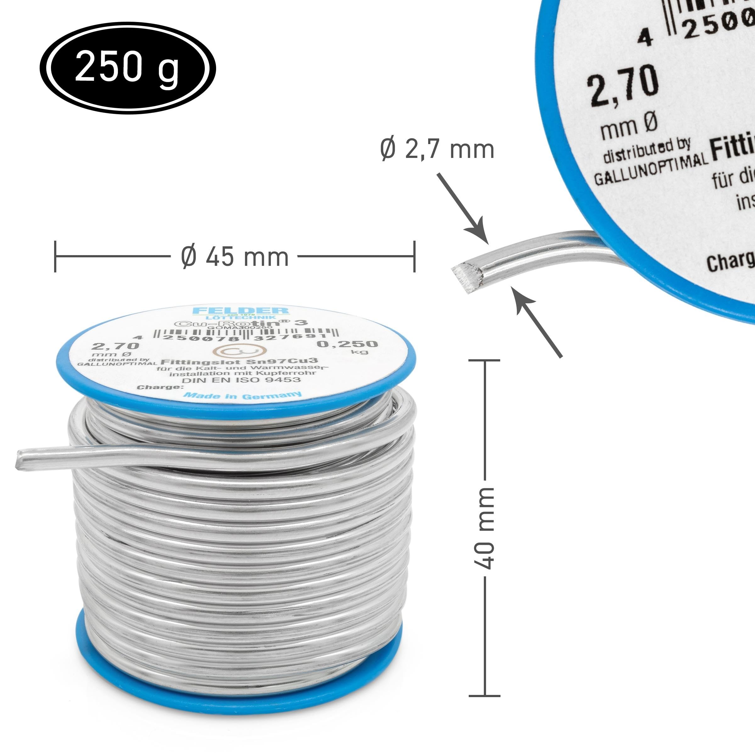 by FELDER Fittingslot Cu-Rotin 3 | Ø 2,7 mm | zum Weichlöten von Kupferrohren in der Trinkwasser- und Heizungsinstallation | Sn97Cu3 | Schmelzbereich 230-250°C | 250 g Spule