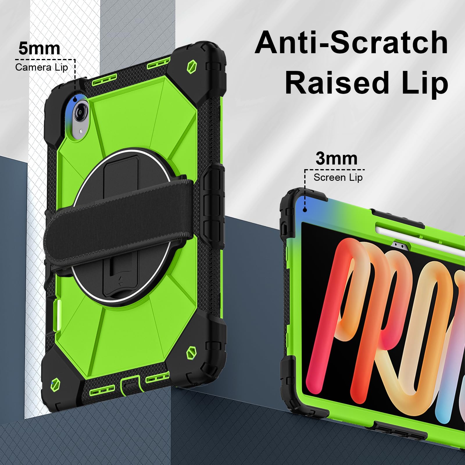 Custodia protettiva per tablet Lenovo Idea Tab Pro Gen 2 (TB390) da 13 pollici, antiurto, con supporto e portamatite, custodia ibrida con tracolla e cinghie da polso (nero + giallo verde)