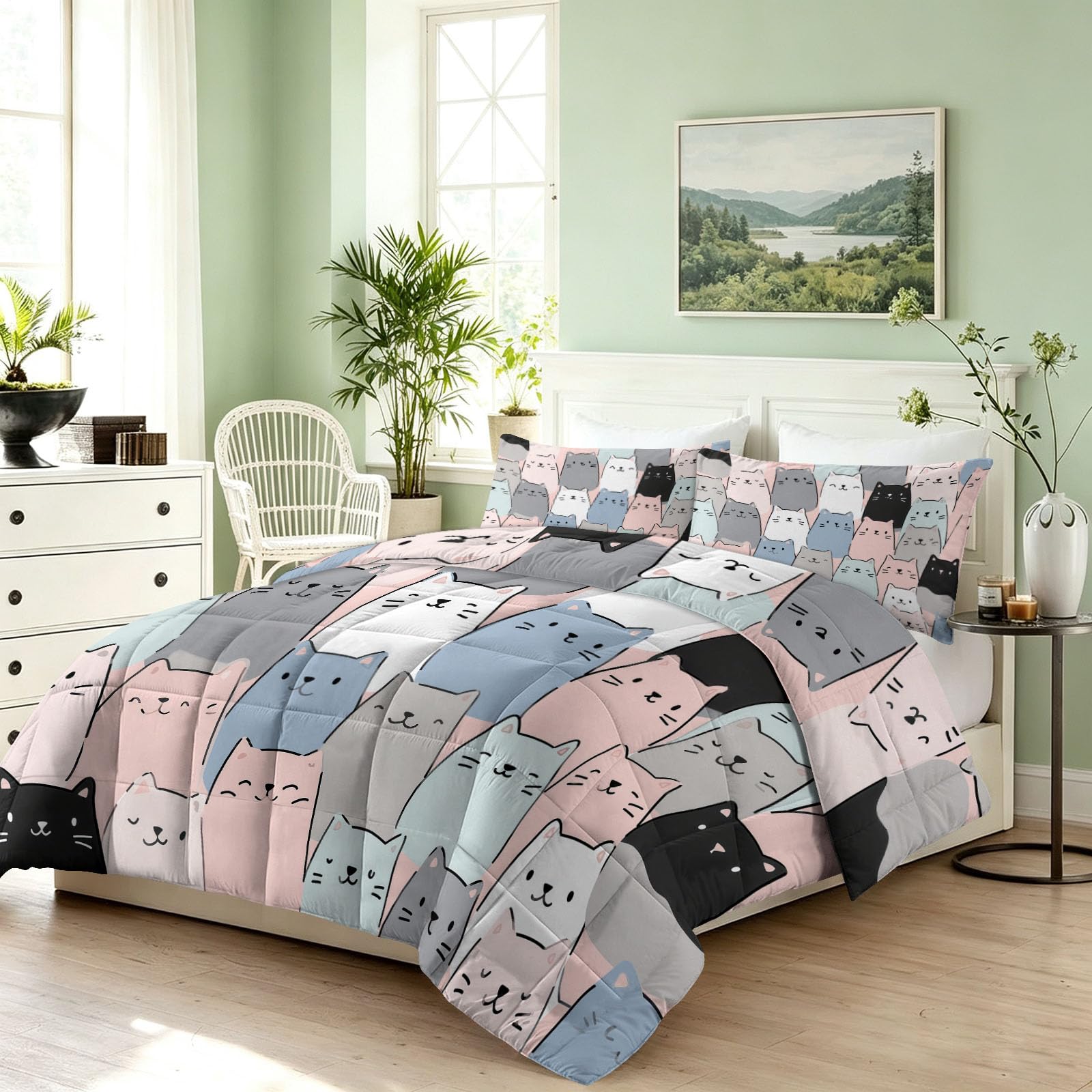 Generisch Edredón calmante de dibujos animados, sin funda, 155 x 220 cm, con cara de gato, hipoalergénico, para todo el año, con 2 fundas de almohada de 80 x 80, reversible, lavable, manta para las 4