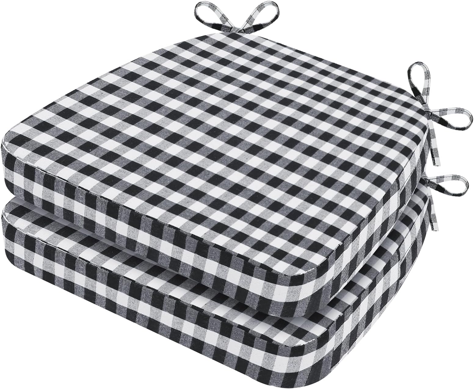 AAAAAcessories D-Shaped Chair Cushions, 2" Thick Dining Chair Pads with Ties and Removable, Machine-Washable Cover, 17" x 16", Set of 2, Checkered Black/White