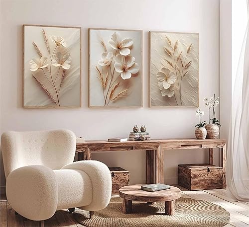Miniatura 6 de 3 piezas de lienzo botánico floral beige neutro, arte de pared moderno y simple textura de plantas de flores, cuadro de decoración de pared, póster