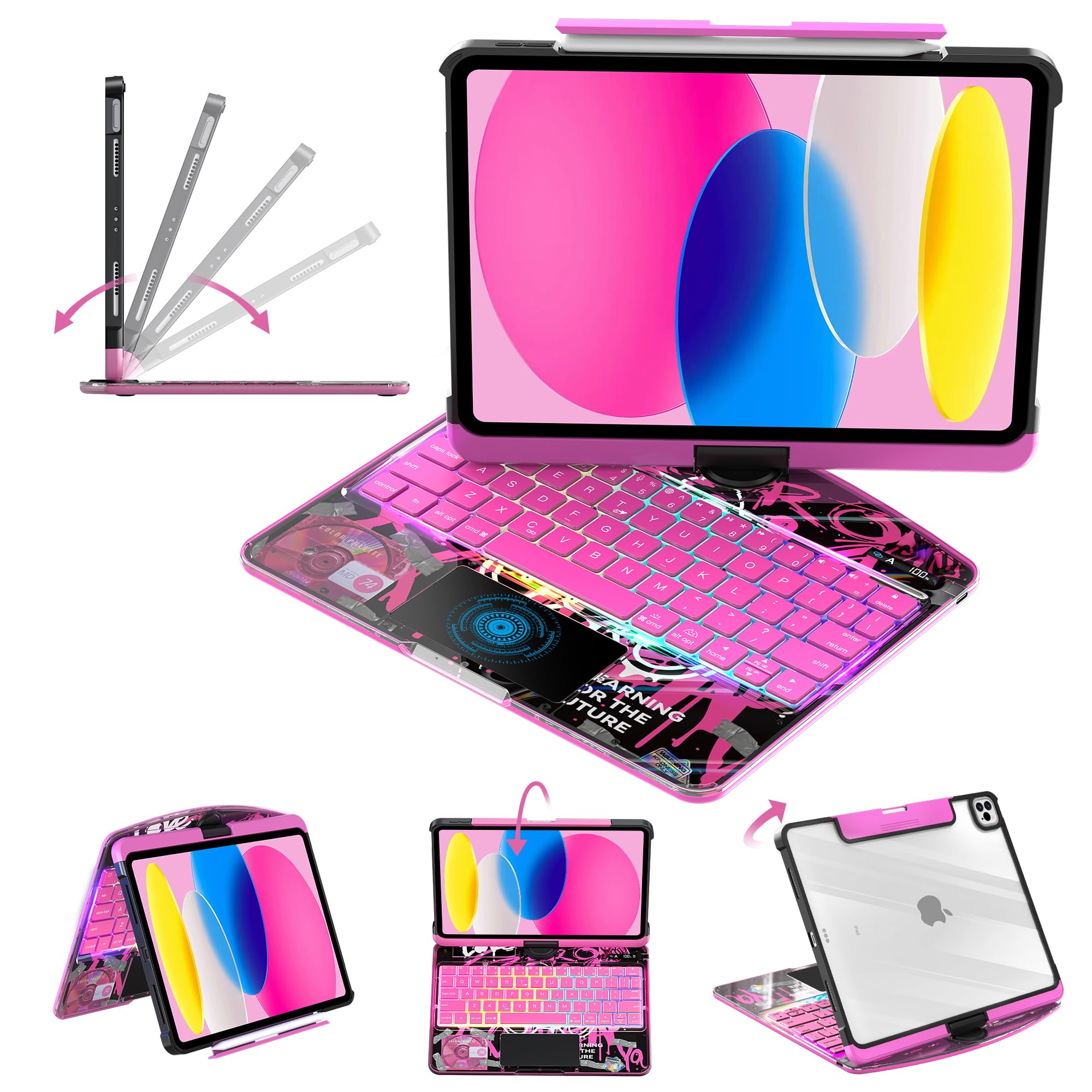 Clear Keyboard Case for iPad 10th Gen (2022/2025 10.9") &amp; 11 inch (A16) 3-Brightness, 7-Color Backlight, Trackpad Wireless Bluetooth Keyboard with 360 Rotating Stand, Pencil Holder Pink