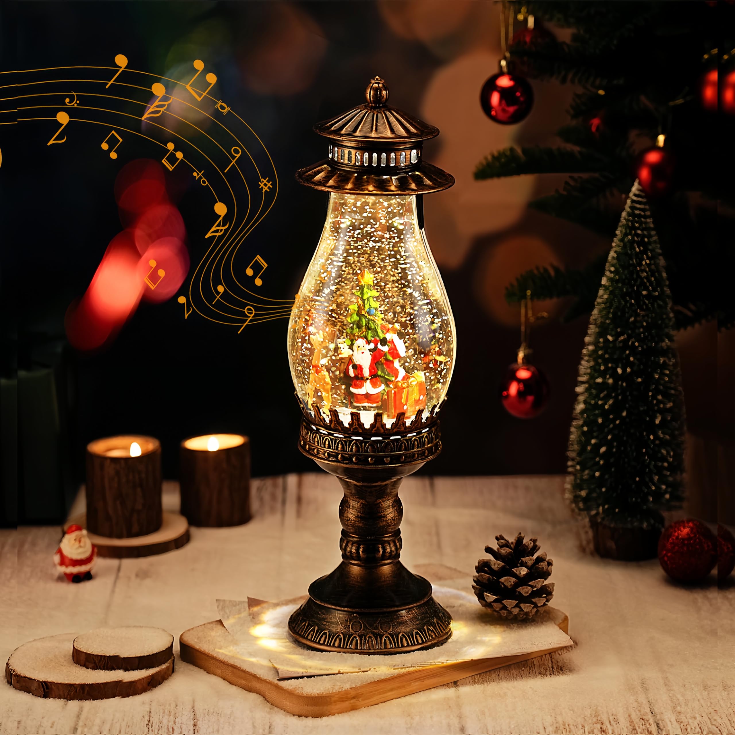 Linterna de Navidad de Globo de Nieve, 12.6in Farolillo Navidad Vintage Linterna Musical de Globo de Nieve Linterna Llena de Agua Giratoria luz de Noche Decoración de Fiesta de Navidad Regalo
