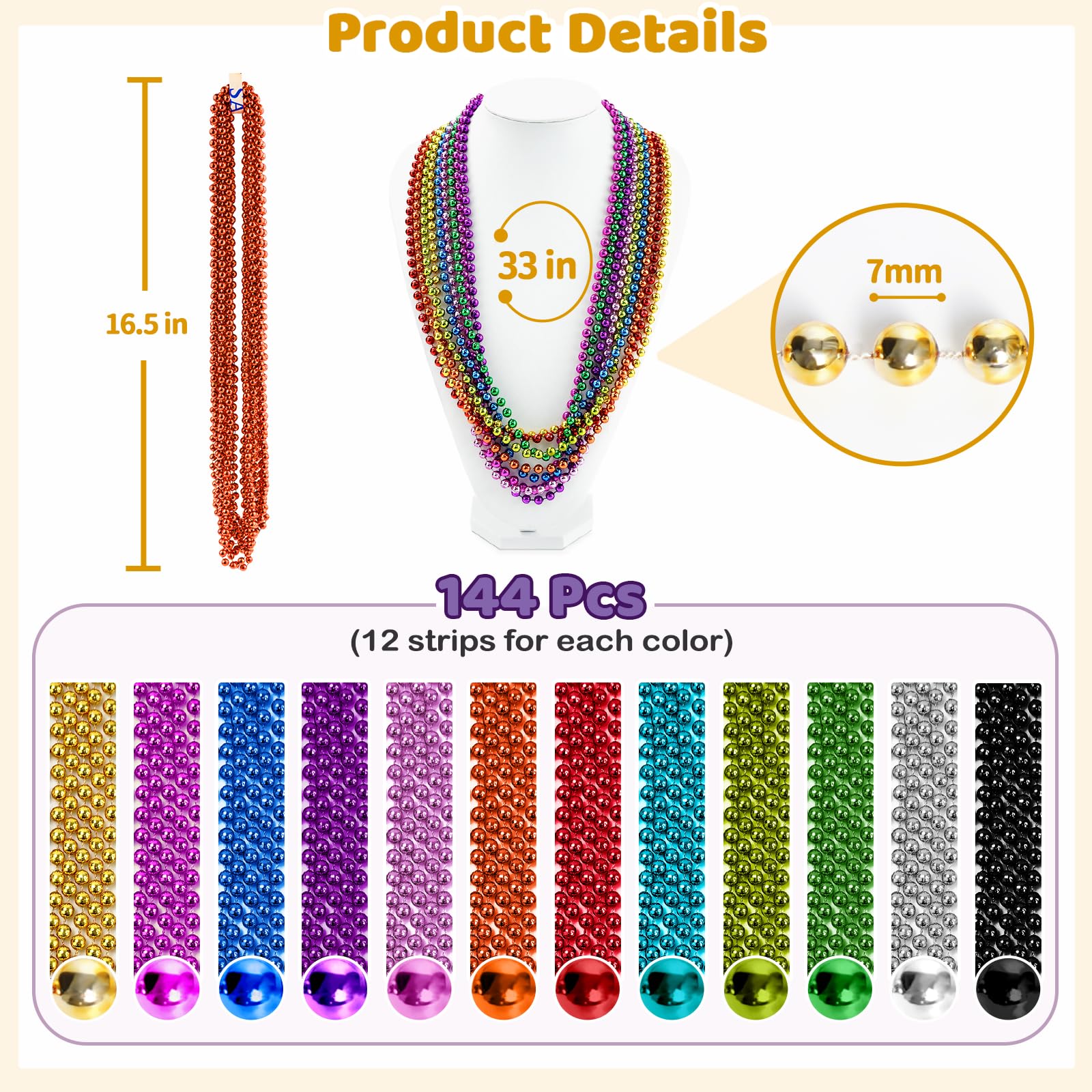 144PCS Mardi Gras Beads, 12 Colors Mardi Gras Beads Bulk, 33'' 7mm Mardi Gras Beads Necklaces, Metallic Beaded Necklaces for Party Costume Matching, Mardi Gras Parades Throw, Dress-up Events