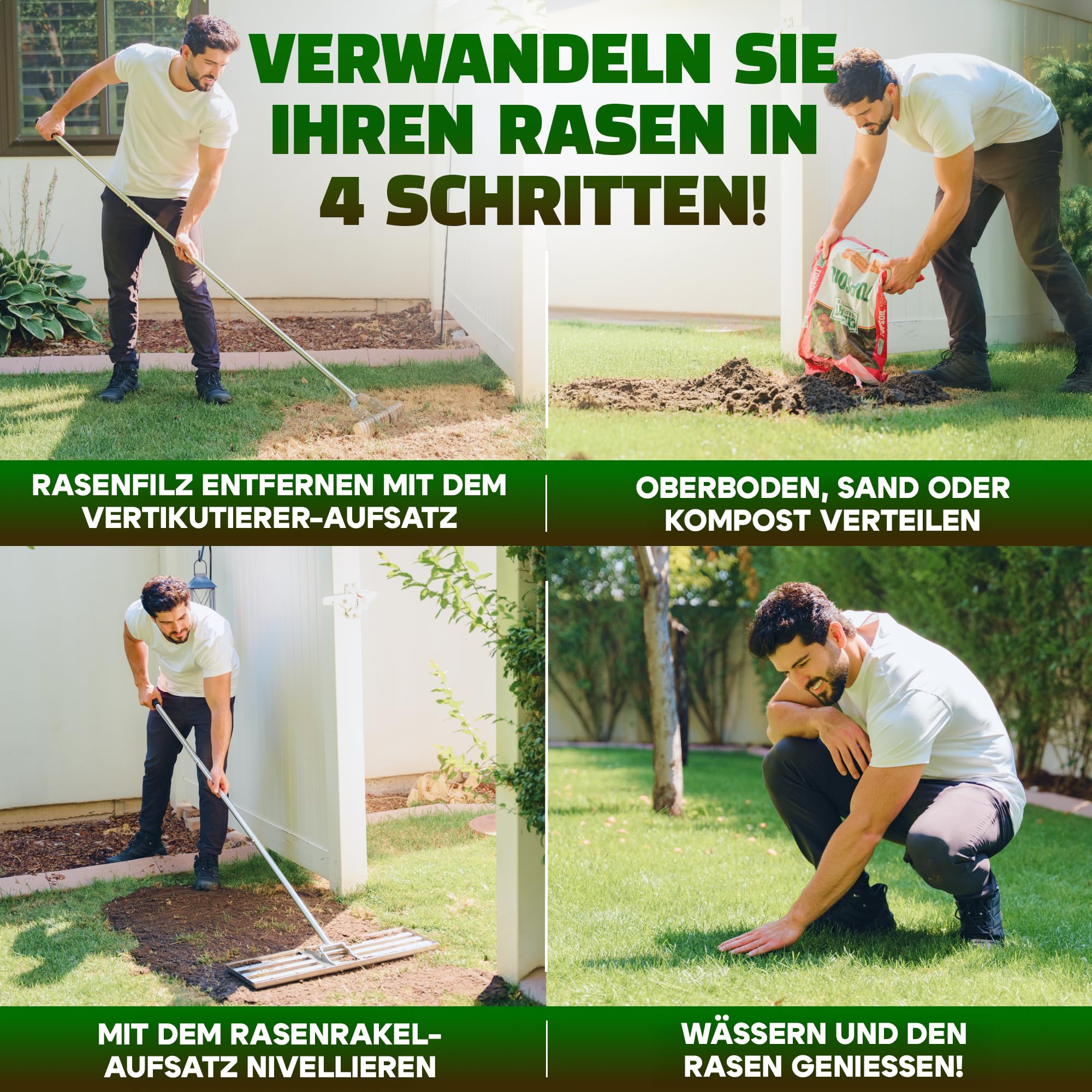 2in1 RasenRakel Edelstahl 80x30cm + vertikutierer Hand Rasen rake