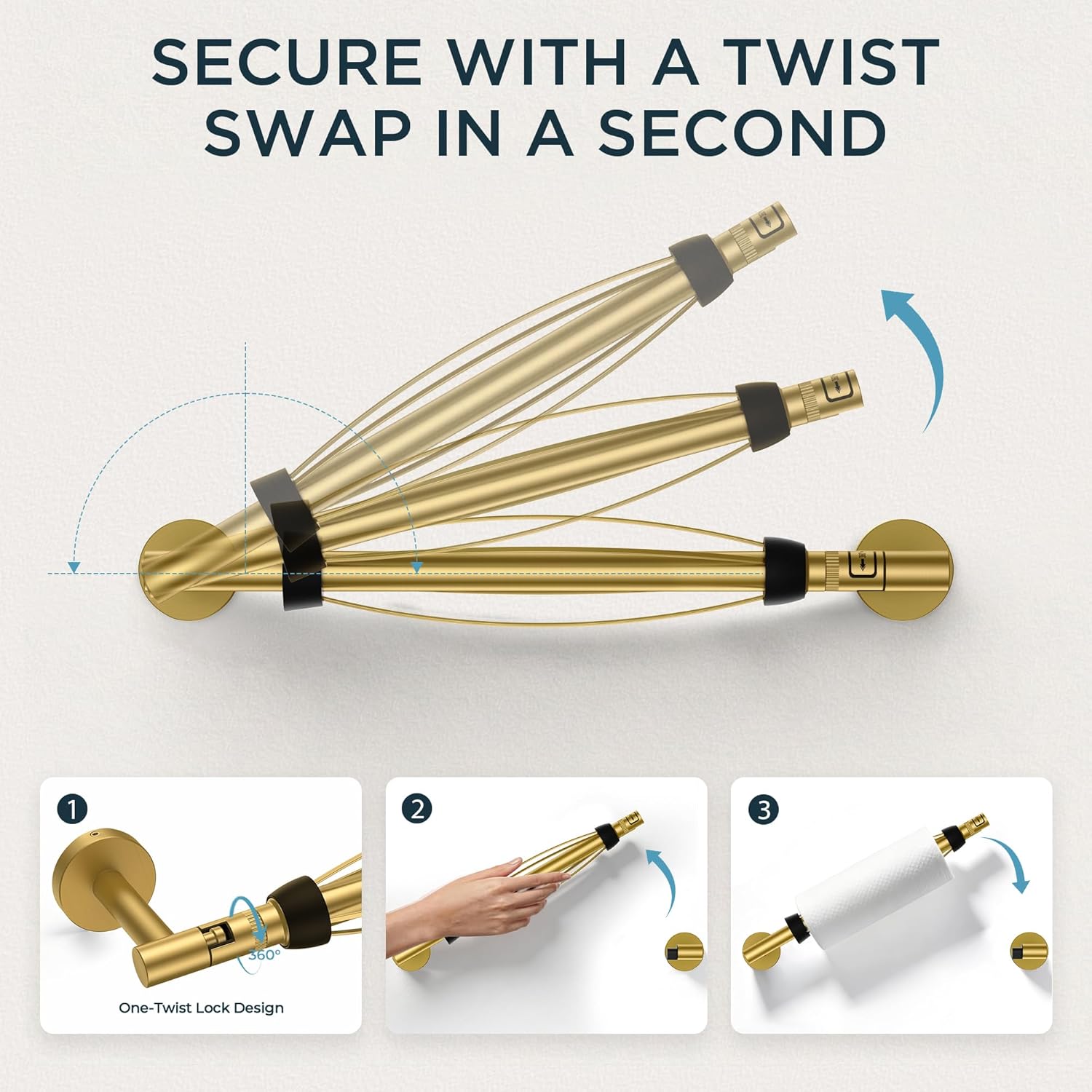 FORIOUS Paper Towel Holder Under Cabinet, SUS304 Wall Mounted Commercial Paper Towel Holder, One-Handed Tear Hanging Paper Roll Holder with Ratchet Mechanism for Kitchen Bathroom (Brushed Gold)