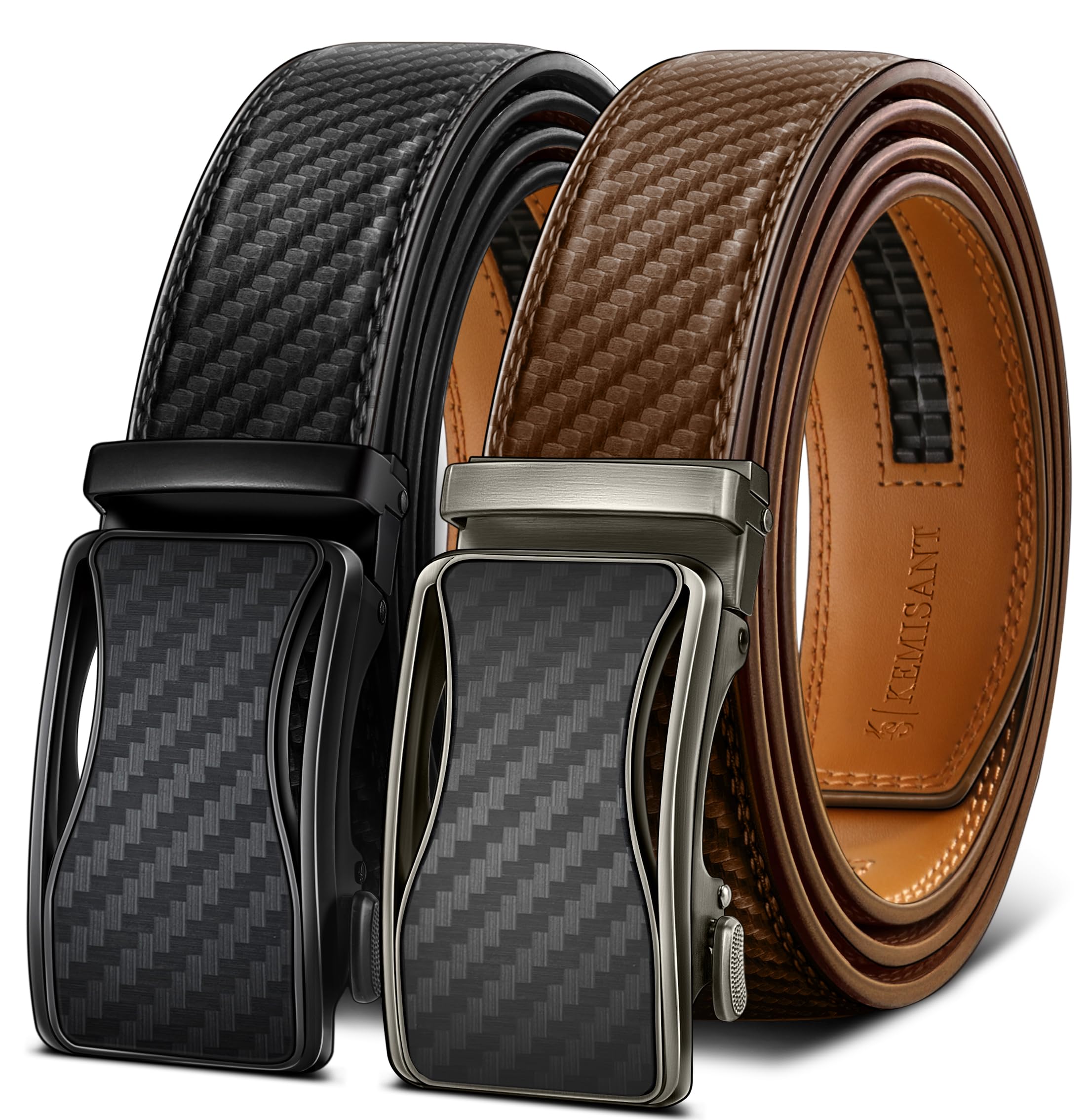 KEMISANT 2-Pack Men's Ratchet Leather Belt Trimmable 1 3/8"-Gift Boxed