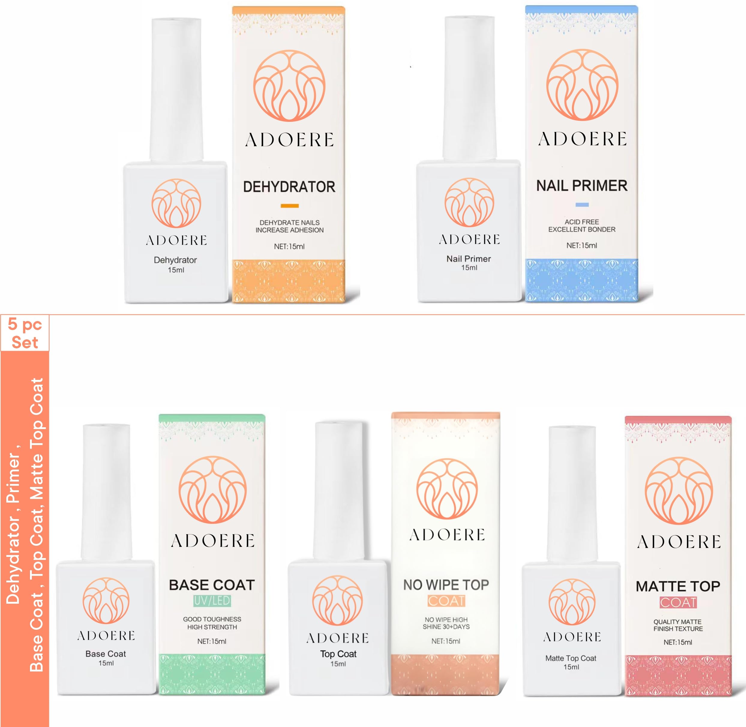 Combo Kit UV Top Coat Gloss & Matte, Base Coat, Primer,Dehydrator 15ml Each Pack Nail Art Design Manicure Gifts for Women, Transparent, 5 Pcs Combo (Pack of 5)