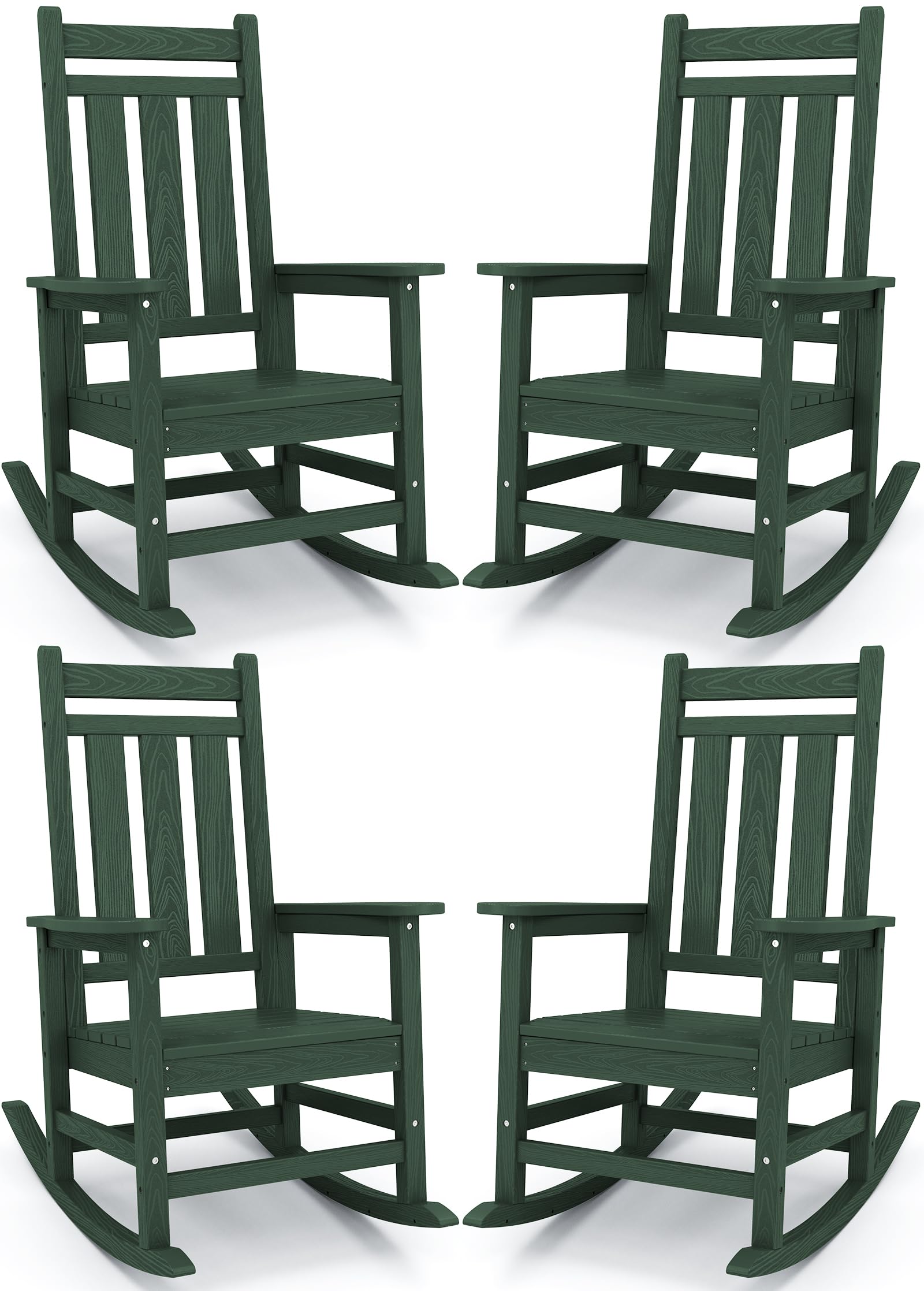 KINGYES Oversized Outdoor Rocking Chair Set of 4, All-Weather Patio Rocking Chairs for Porch, HDPE Outdoor Patio Rockers with High Back &amp; Wide Seat for Garden, Lawn, Green