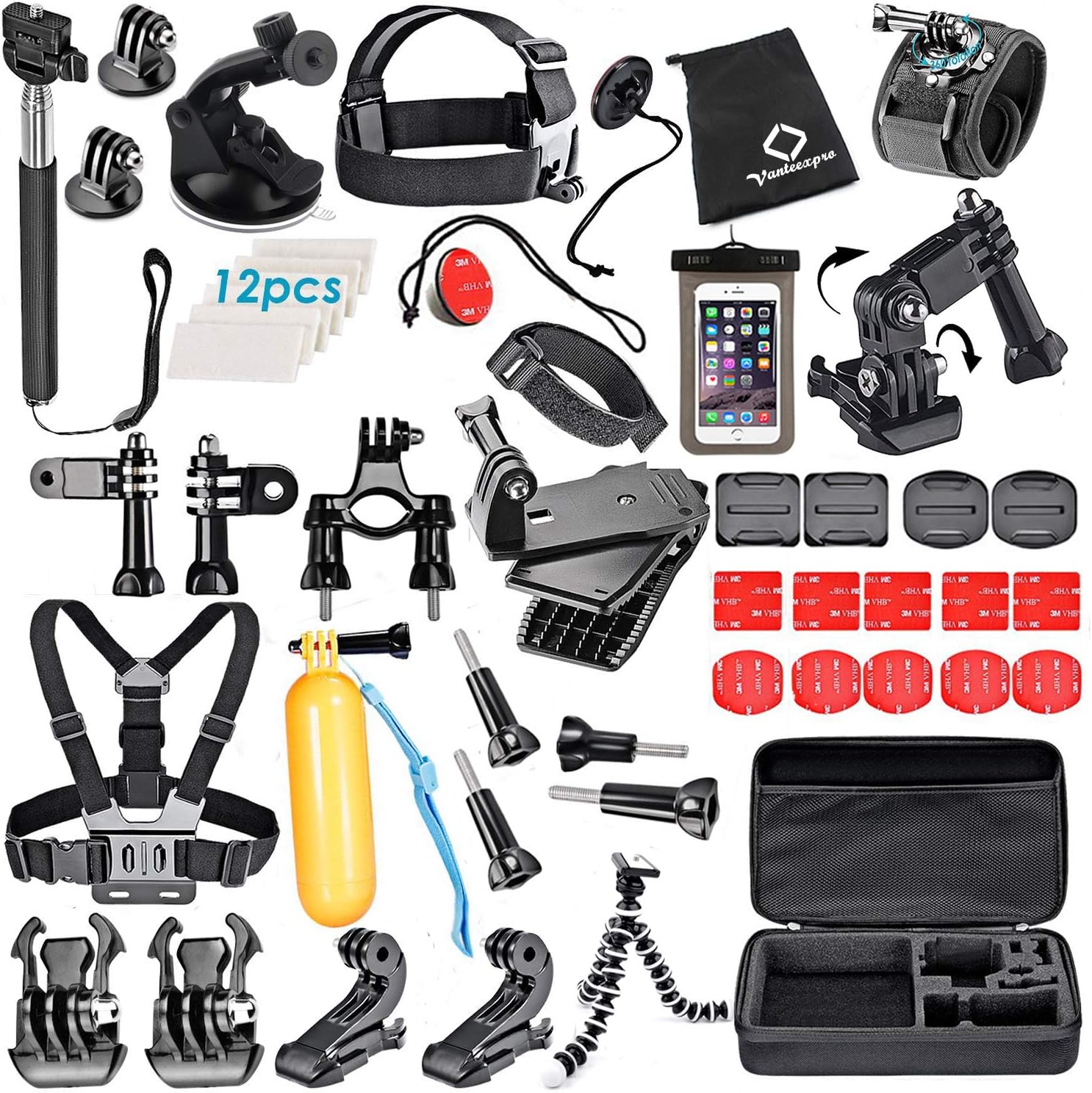 VanteexPro 56-in-1 Accessories Kit for Gopro Hero 7 6 5 4 3+ 3 2 1 Session Black Silver Sport Camera Accessories Bundle