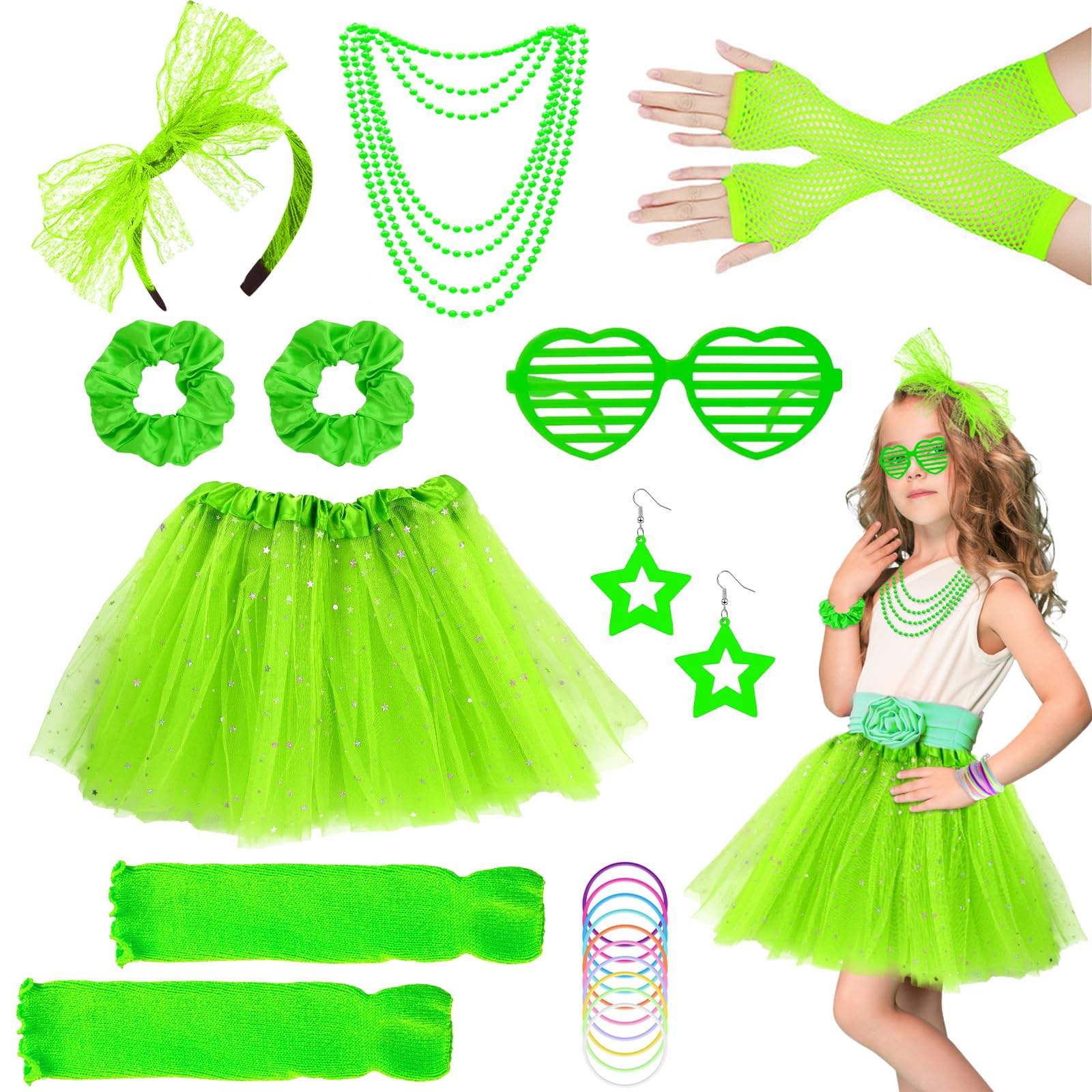 22Pcs Girls 80s Costume Accessories Set 1980s Fancy Dress Outfit with Tutu Skirt Fishnet Gloves Leg Warmers Bow Headband Necklace Bracelets Glasses for Kids 1980s Theme Party, Green