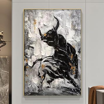 Black and White Cow Canvas Wall Art Bull Painting Cattle Picture Wall Decor Canvas Abstract Animal Painting Texas Longhorn Poster Highland Cow Print Farmhouse Artwork Cow Wall Art 16x24in No Frame