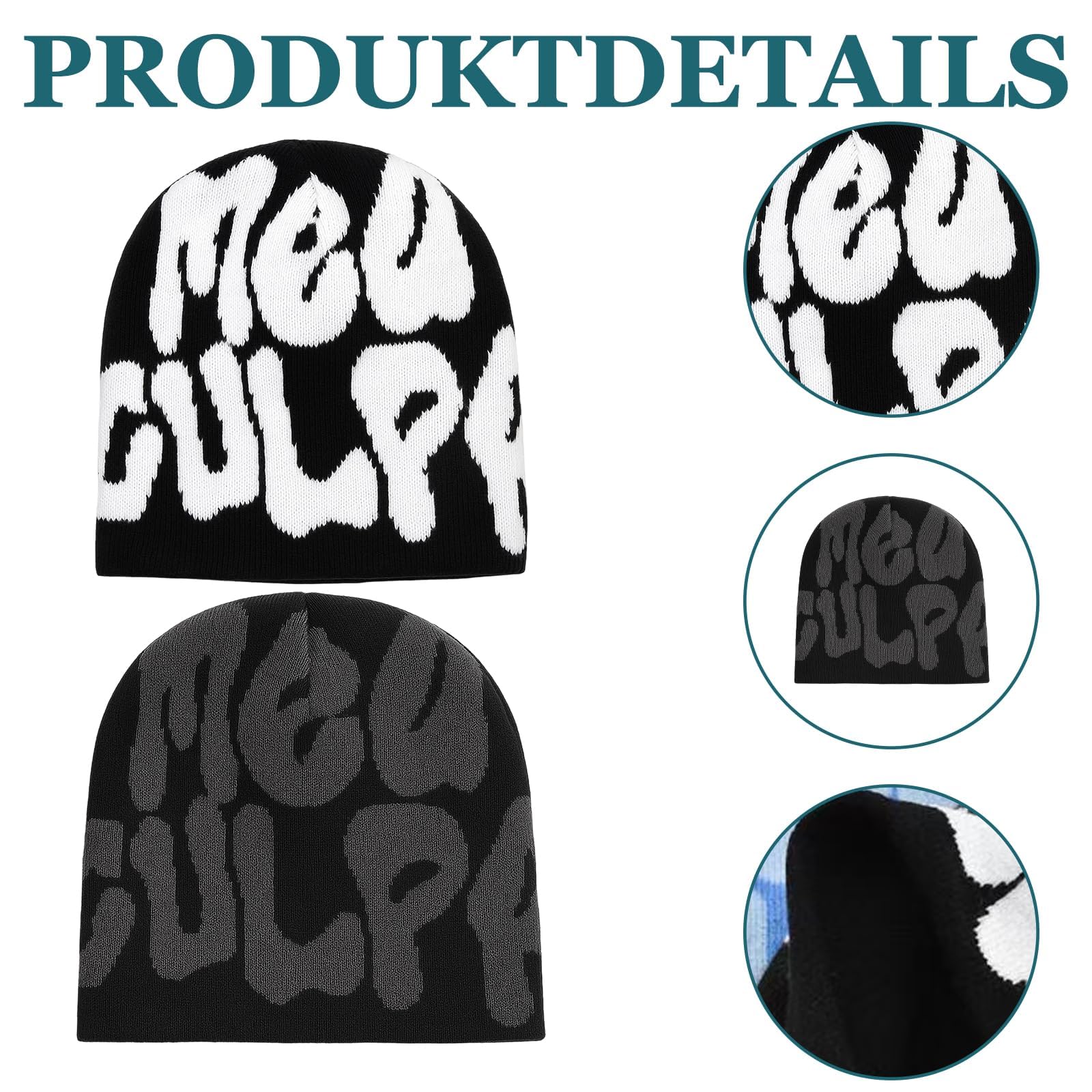 2 pezzi Y2K Beanie, berretto alla moda, MEA Culpa, berretto caldo per attività all'aperto e streetwear, accessorio streetwear, nero e grigio