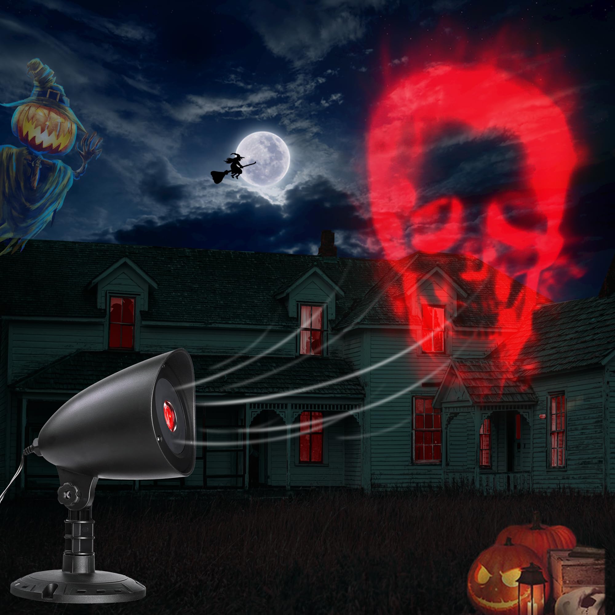 iShabao Halloween Deko Outdoor, 3D Dynamische Halloween Projektor mit Timer, Wasserdicht LED Projektionslampe mit Roter Skelett für Wand Fenster Garten Hof Party Deko