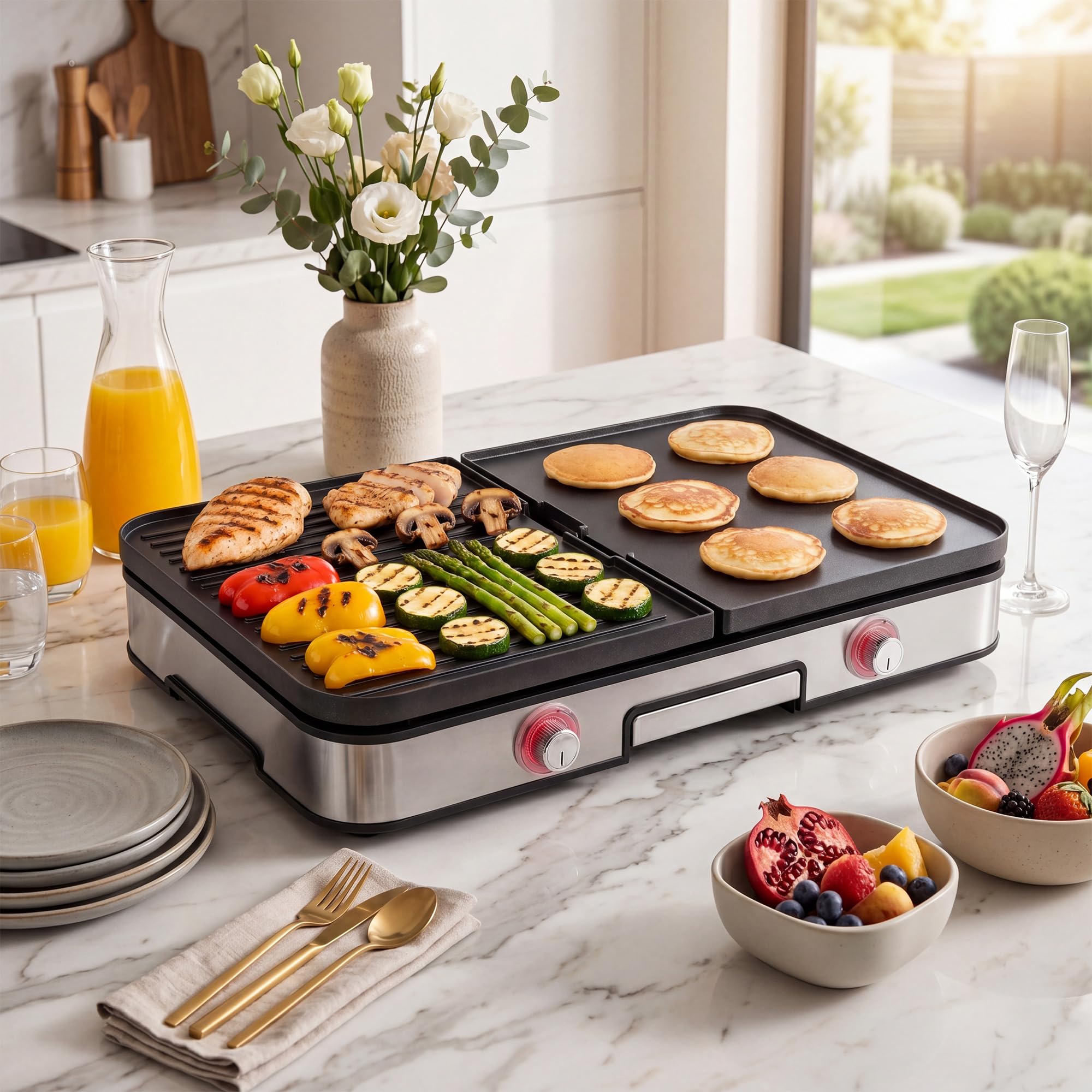 LIFEZEAL Griglia Elettrica 2000W, Barbecue Elettrico Con 2 Piastre Reversibili, Regolazione Individuale Della Temperatura, Vassoio Raccolti-grasso Lavabile, Per Casa, Balcone E Campeggio