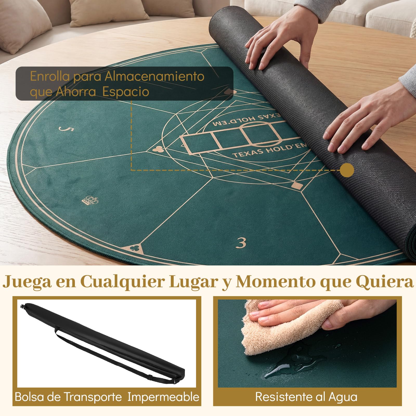 COSTWAY Tapete de Póquer Redondo para Texas Hold'em, Base de Goma Antideslizante Plegable, Bolsa de Transporte, Alfombra de Mesa de Póker de Casino para 8 Jugadores Cartas Blackjack (100 cm)