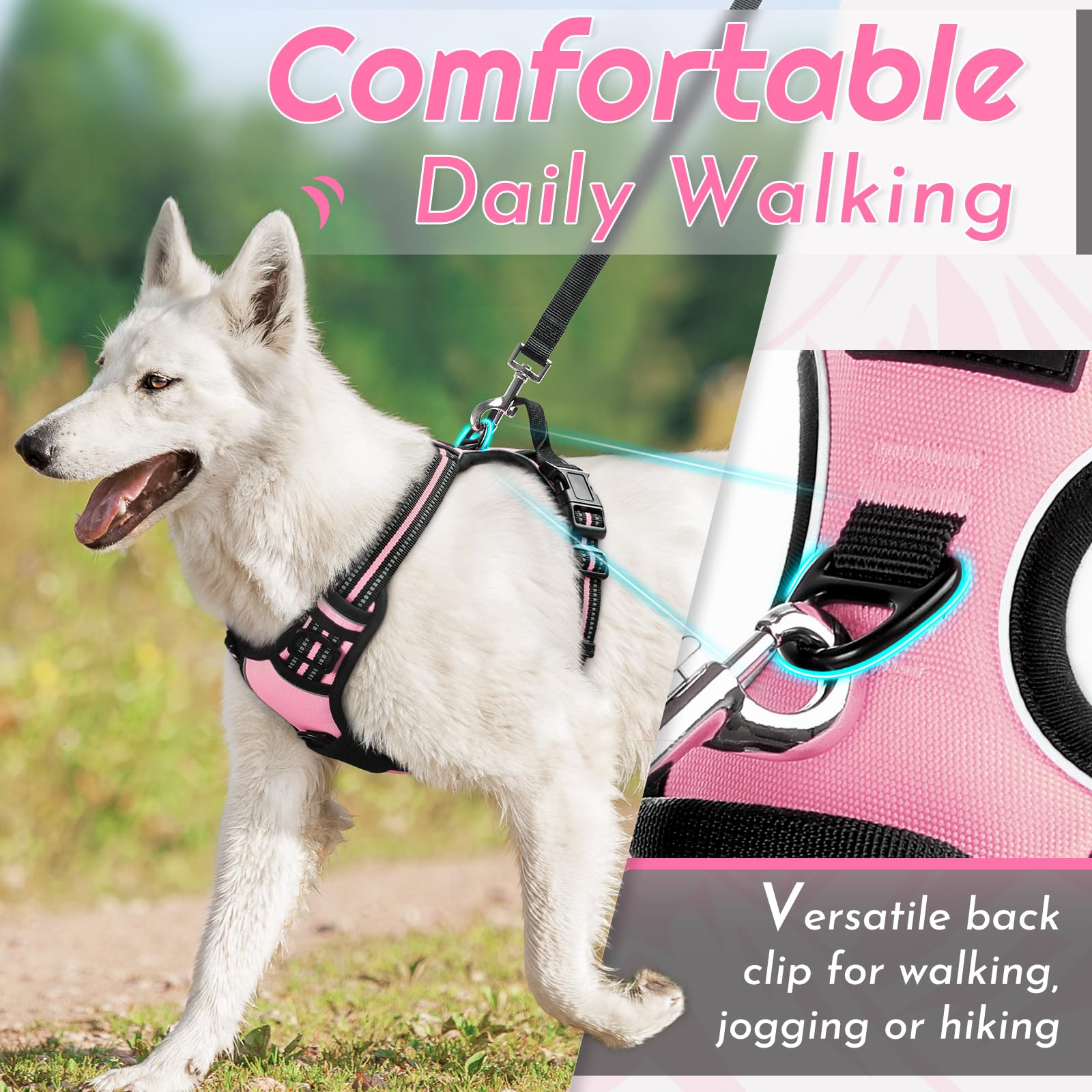 Eagloo Dog Harness for Large Dogs, No Pull Service Vest with Reflective Strips and Control Handle, Adjustable and Comfortable for Walking, No Choke Pet Harness with 2 Metal Rings, Pink, L - image 3