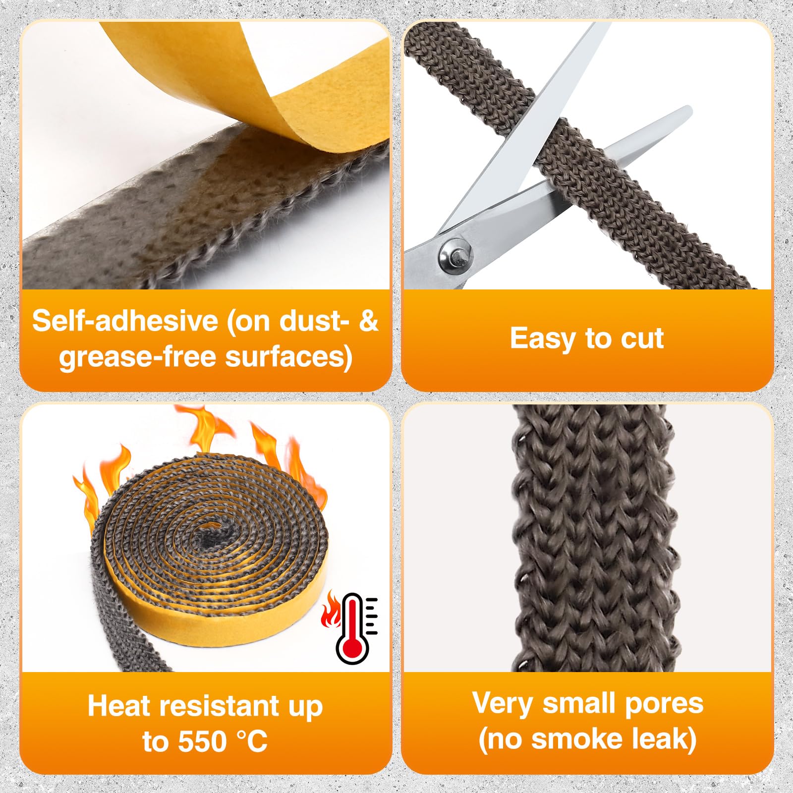 Gucass Joint Poele a Bois 3mm x 10mm x 5m, Joint Insert Cheminée Tressé Auto-adhésif Résistant à 600°C, Joint Plaque de Cuisson en Fibre de Verre pour Poêle, Cheminée, Porte de Four et Tube Poêle