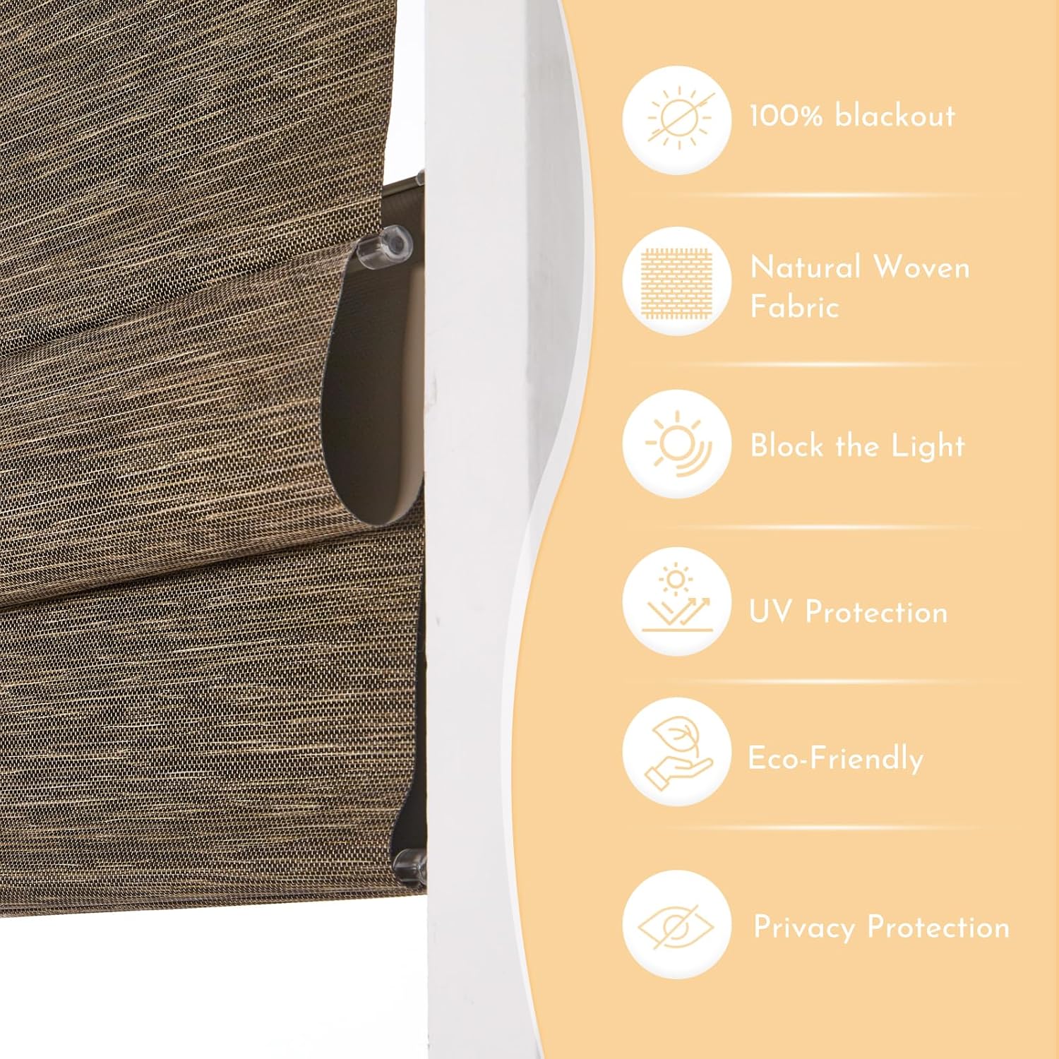 Persilux No Drill No Tools Blackout Roman Shades for Windows,Natural Woven Linen Fabric,Thermal Insulated Roman Blinds,UV Protection,Cordless Roman Blinds for Home,Brown,34.5" W x 64" H