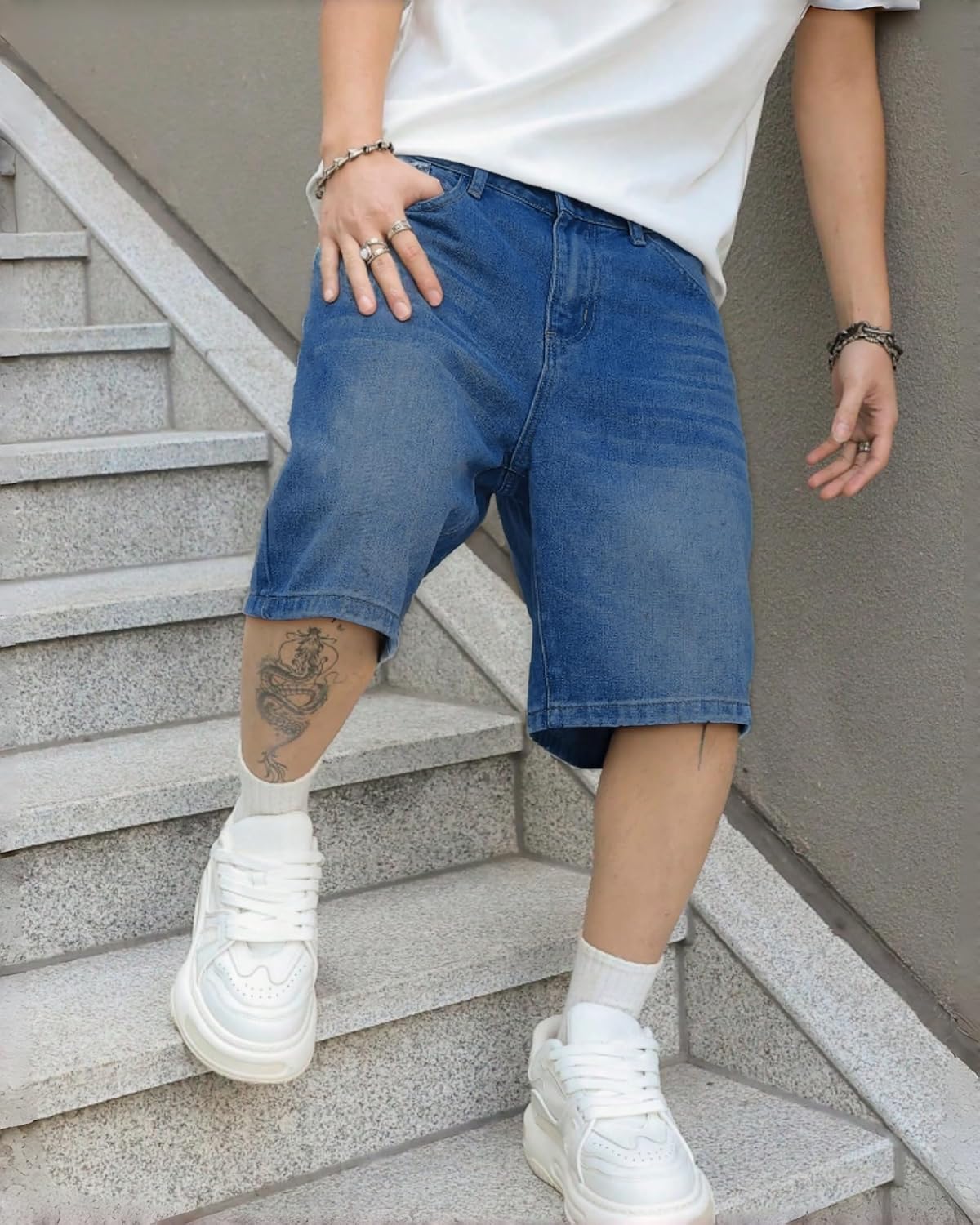 Mens Baggy Jean Shorts Loose Fit Vintage Wide Leg Jorts Y2K Streetwear Hip Hop Casual Long Denim Shorts - Image 6