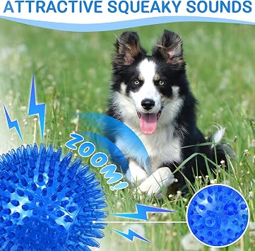 LECHONG 4-Pack Large Squeaky Dog Balls, 12cm Rubber Spiky Dog Balls for Large Medium Aggressive Chewers Teeth Cleaning, Chew Toy for Training & Boredom Buster