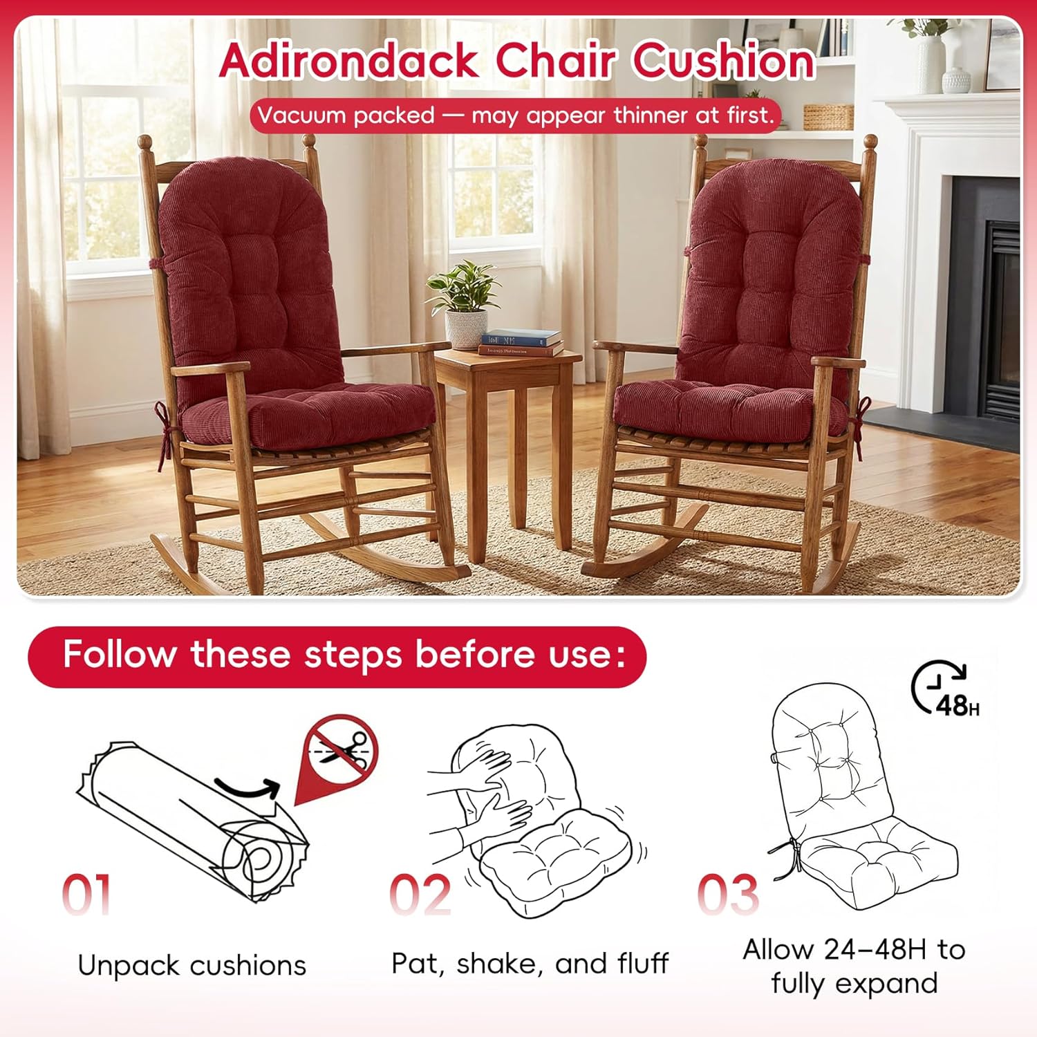 High Back Adirondack Chair Cushion, Non-Slip Indoor Rocking Chair Cushion with Straps, Thickened Corduroy Fabric, Long-Lasting & Soft Tufted Seat Pads for Bedroom, Living Room, Porch, Indoor-Red