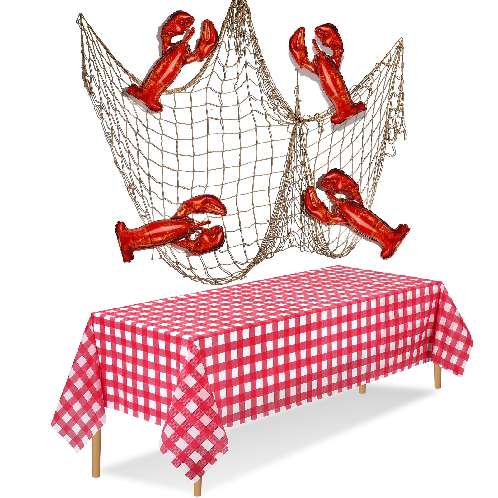 Silipull 6 Pcs Crawfish Boil Party Supplies Includes Lobster Balloons Crawfish Tablecloth Fish Net Decorative Aluminum Foil Balloons for Nautical