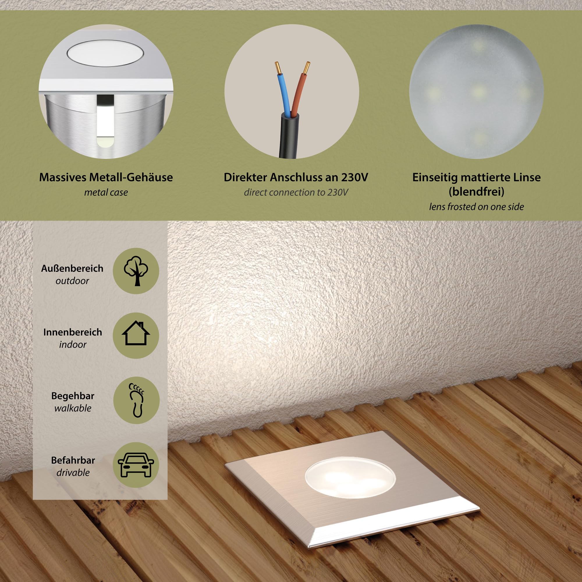 ledscom.de 6x LED da incasso a pavimento AGENA per esterni, IP65, acciaio inox, angolare, 6 x 6cm, bianco caldo