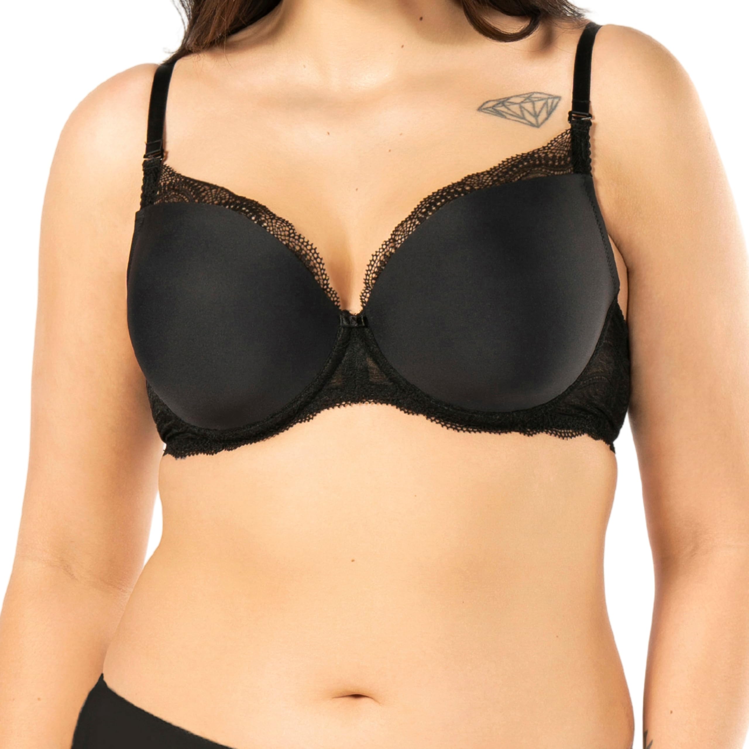 Pepite Reggiseno push-up da donna, con reggiseno liscio con ferretto in pizzo con spalline regolabili e cuscinetti push-up rimovibili, nero, Nero , 2C