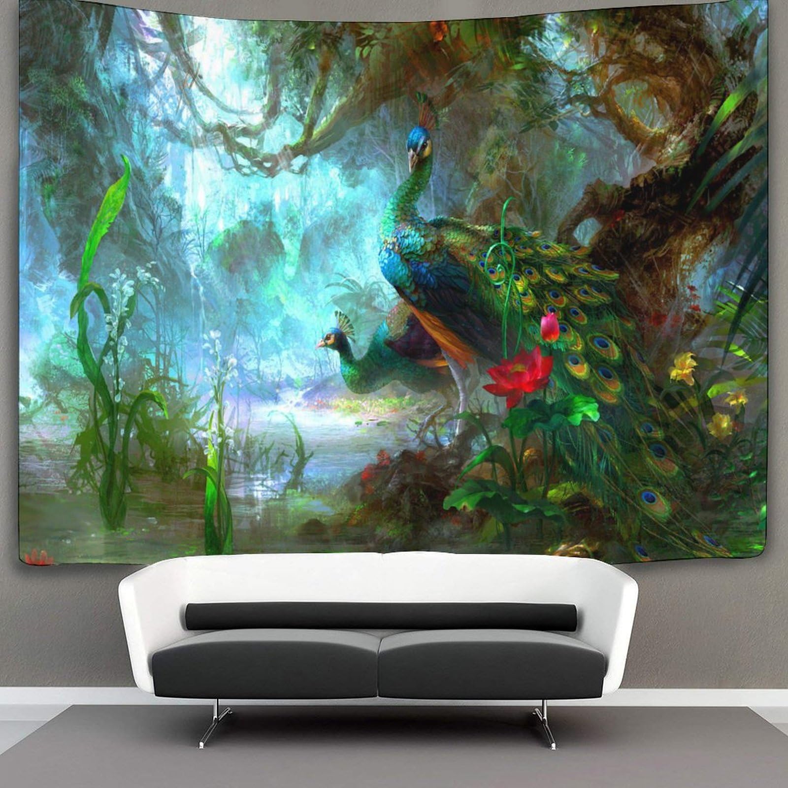 kaiyun Green Forest Peacock Tapestry Wall Hanging,Birds Animals for Bedroom Decor Birthday Party Celebration Or Garden Backdrop 180cmx230cm
