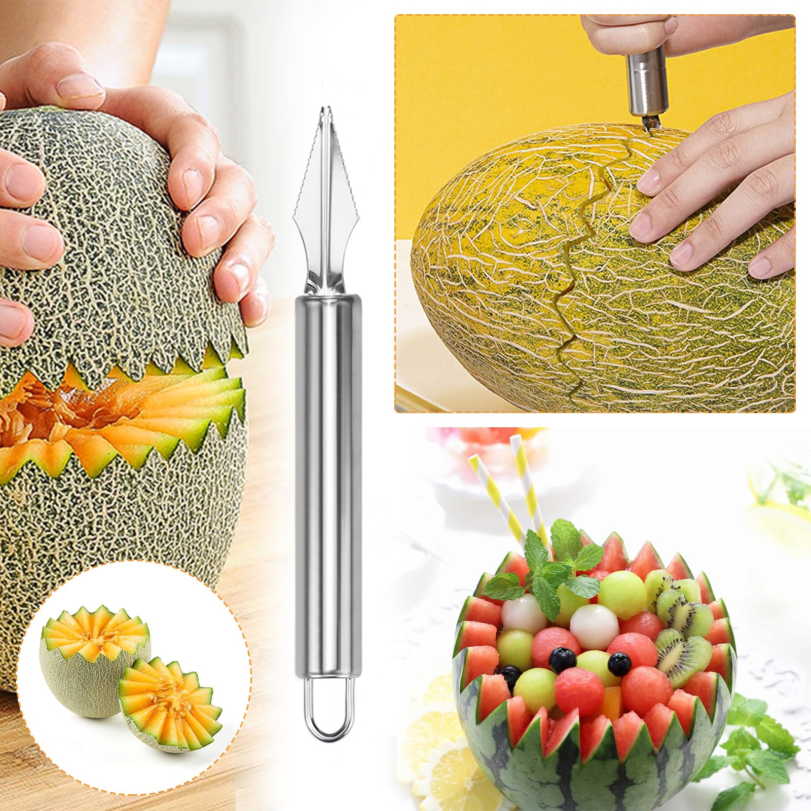 LPZMPZ Vide Pomme CuillèRe à Boule de Melon Couteau Boule à DéCouper Trognon Ensemble D'Outils pour Cantaloup Fruits en Acier Inoxydable 4 en 1 la Cuisine Diy Fruit