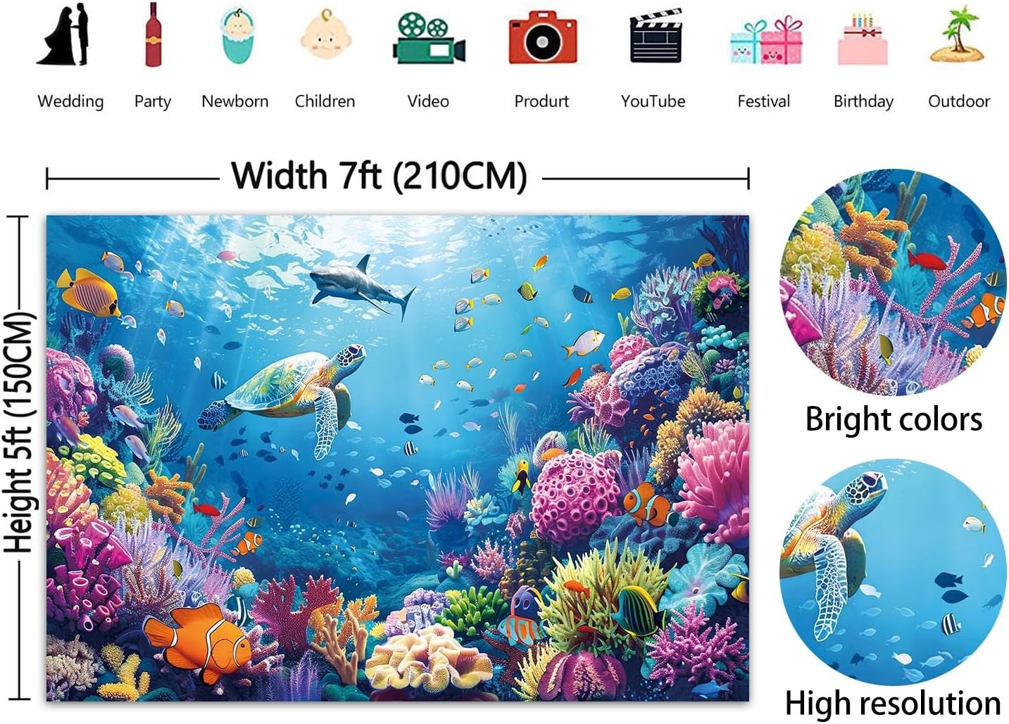 Under The Sea Photography Backdrop 7x5FT Ocean Underwater World Background Aquarium Coral Baby Shower Birthday Party Banner Decorations Photo Props
