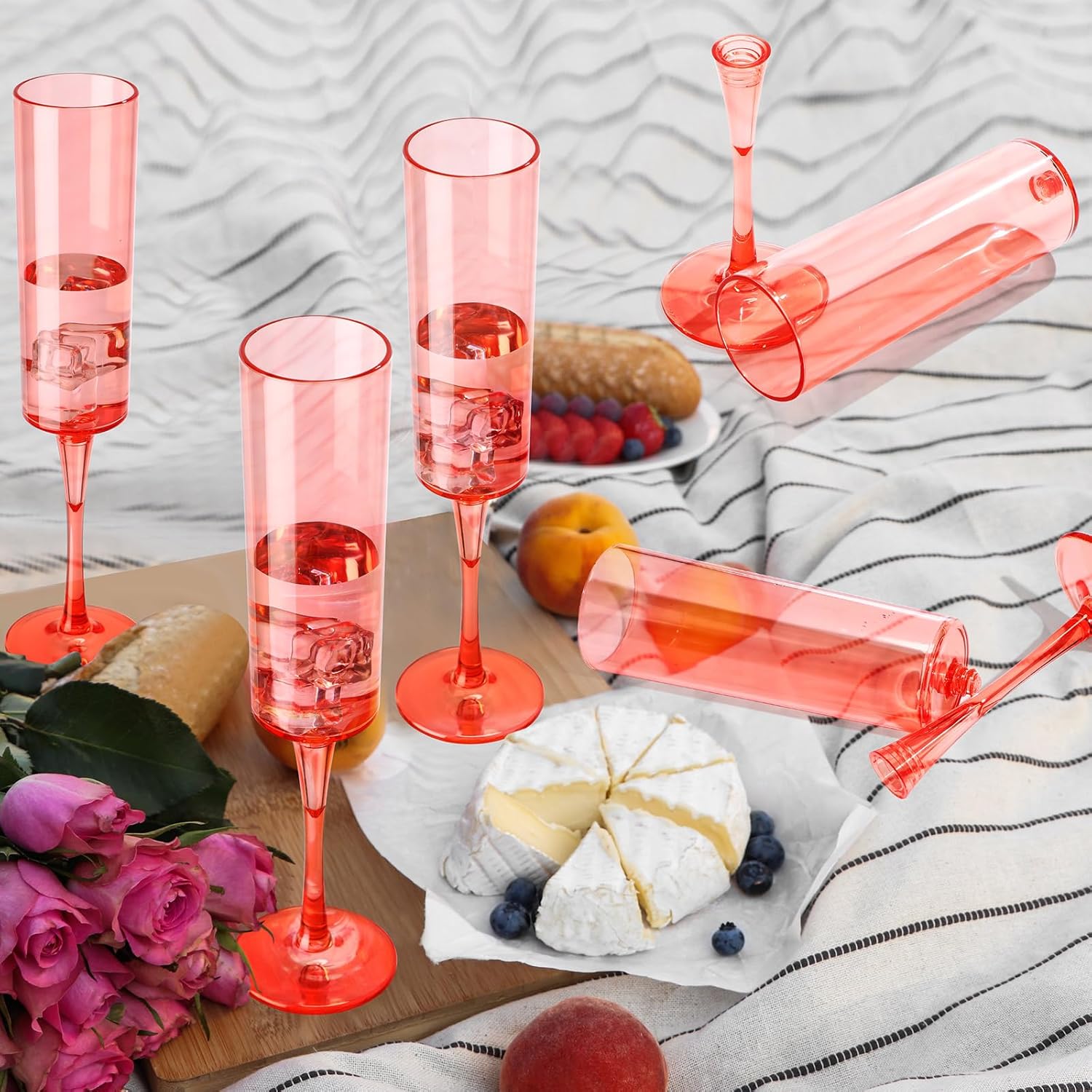 50 Pack Plastic Champagne Flutes 6 oz Clear Pink Champagne Flutes Disposable Acrylic Square Champagne Wine Goblet Glasses for Wedding Birthday Anniversary Bachelorette Bridal Bridesmaid Party