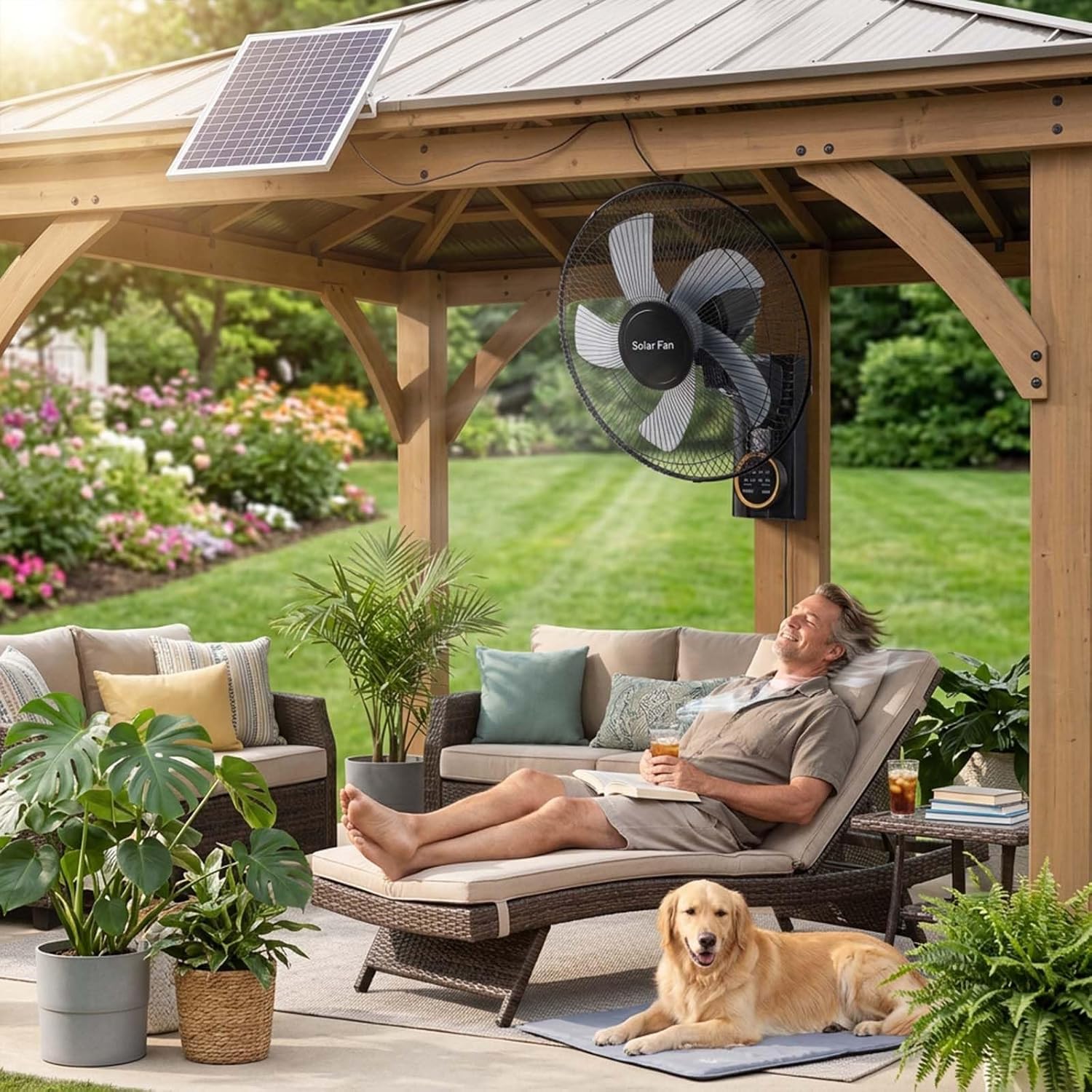 16" Outdoor Fan Wall Mount Solar Fan for Patio, Zero Electricity Bill Waterproof Cooling System, 5 Blades 3 Speeds 90° Oscillating Fans with Timer & Remote for Home Garage Gym