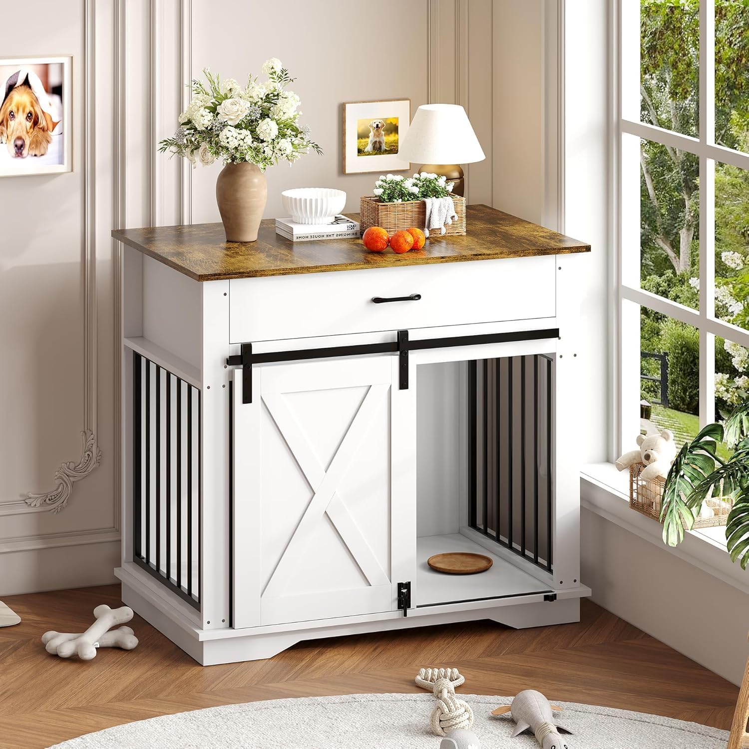 IDEALHOUSE 38" Dog Crate Furniture, Wooden Dog Furniture with Sliding Door and Drawer, 2 in 1 Indoor Pet House and Side End Table for Small to Medium Dogs, White