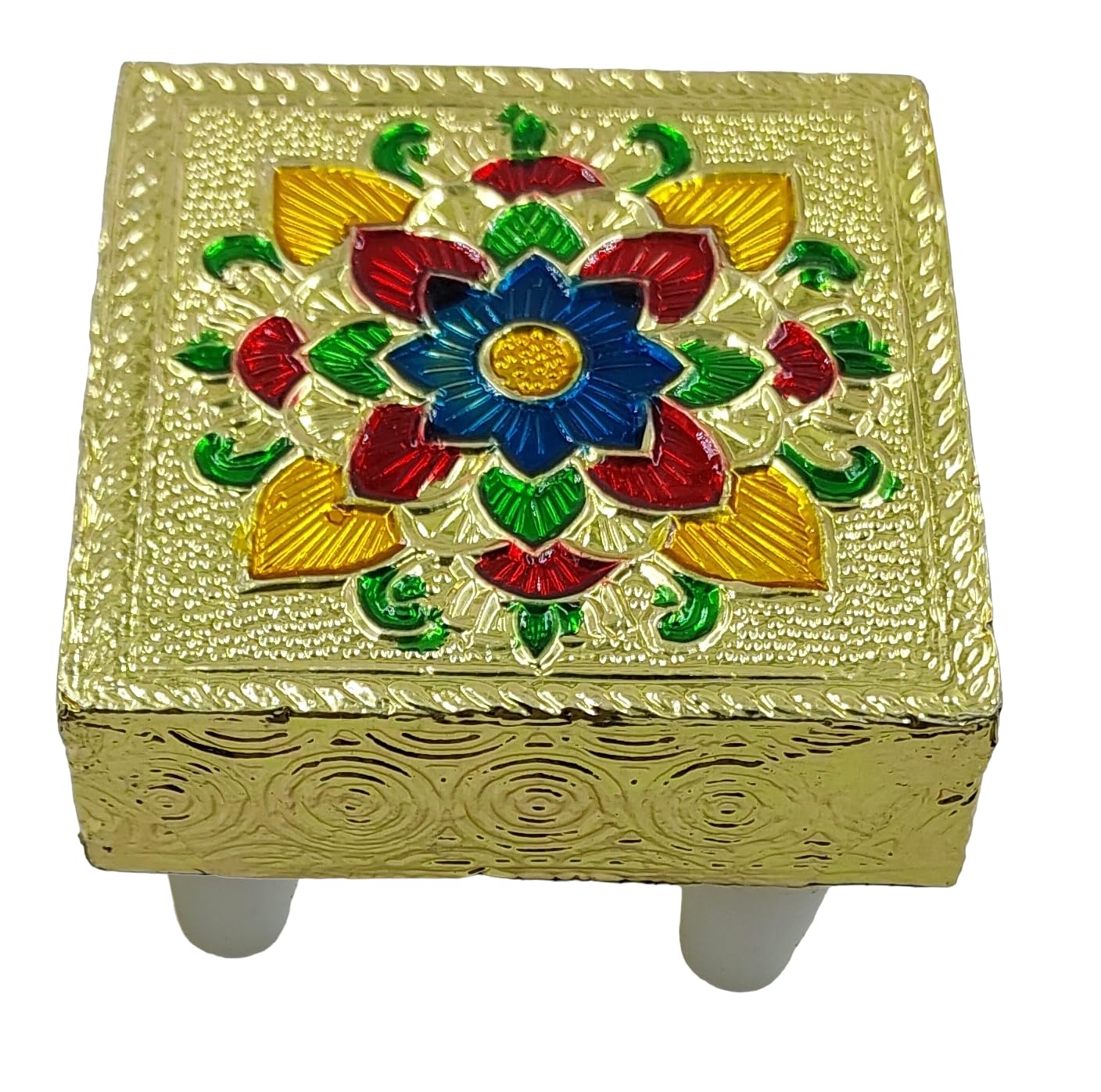ARTISKRITI Chowki Aasan for God Idol Meenakari Wooden Puja Bajot Indian Religious Chaurang, Pooja Singhasan for Temple Decoration, Set of 4 2