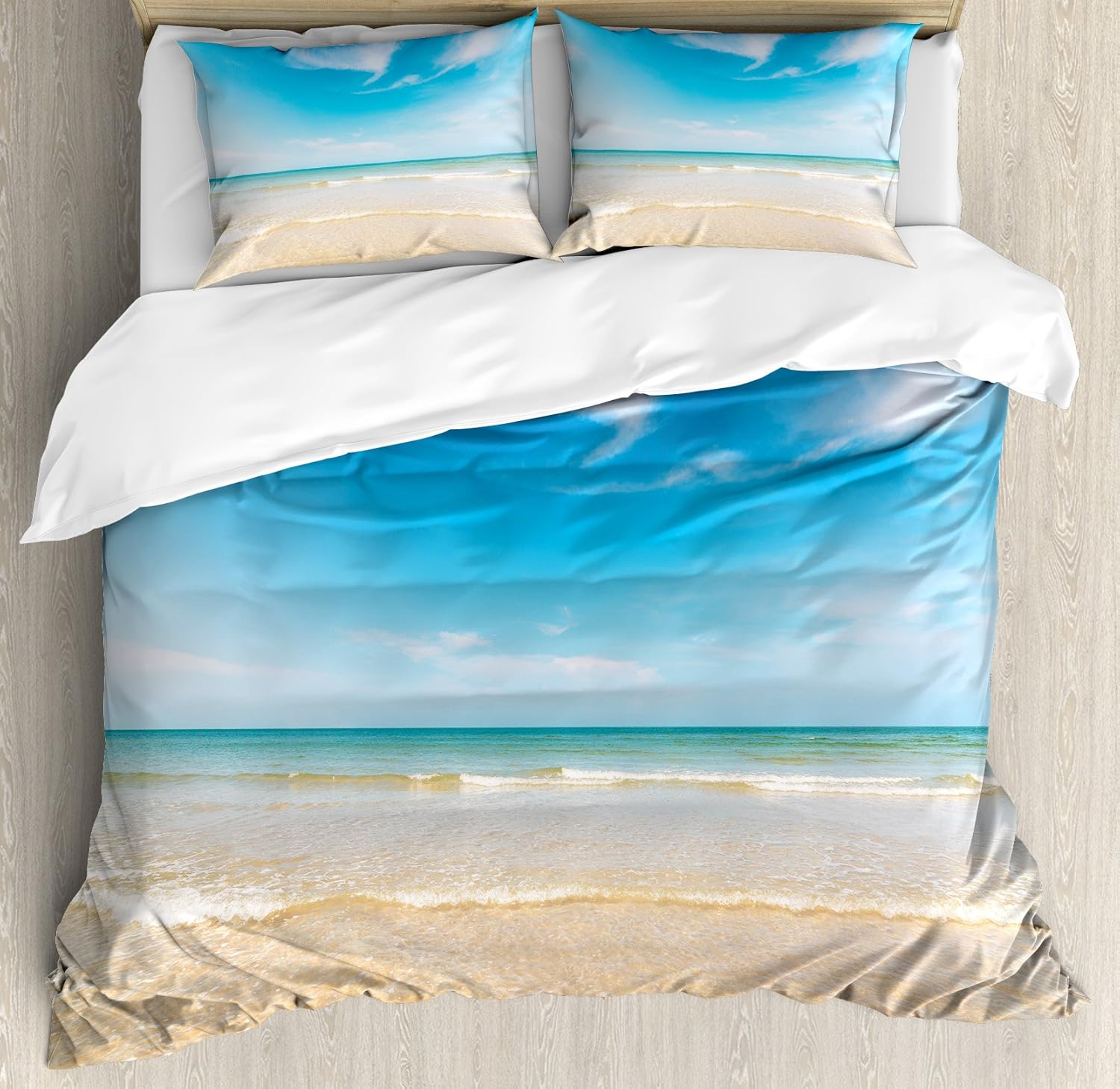Ambesonne Ocean Duvet Cover Set, Sea and Sky Landscape at Beach in Tropical Exotic Hawaiian Caribbean Lands, Decorative 3 Piece Bedding Set with 2 Pillow Shams, Queen Size, Cream Blue Queen Cream Blue