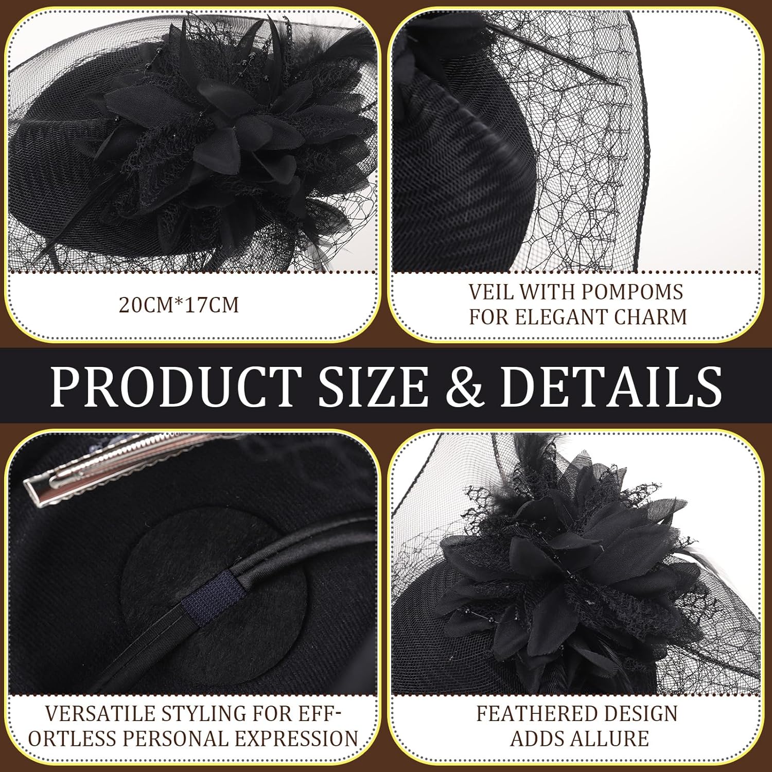 5Pcs Fascinators Hats for Women Tea Party Feather Mesh Headband with Bow Gloves Pearl Jewelry for Church Wedding Bridal Showers - Image 2