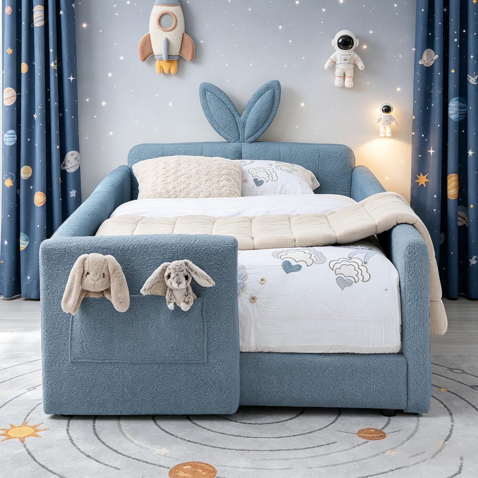 Twin Bed Frame for Kids, Floor Platform Bed Bunny, Blue