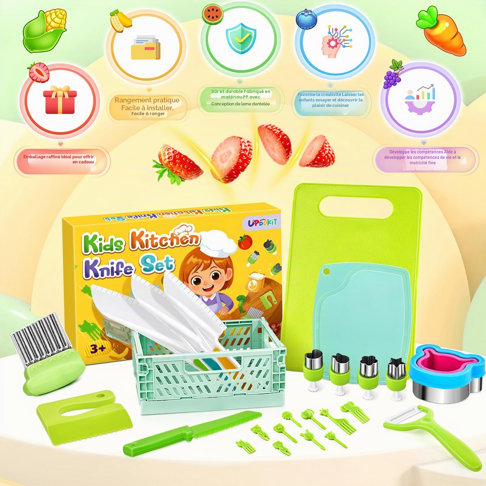 Couteaux de Cuisine pour Enfants Kit, 26 Outils de Cuisine pour Enfants, Comprenant un Couteau de Chef, un Coupe-fruits, un Panier de Rangement et Plus Encore, Parfait pour les Petits Chefs