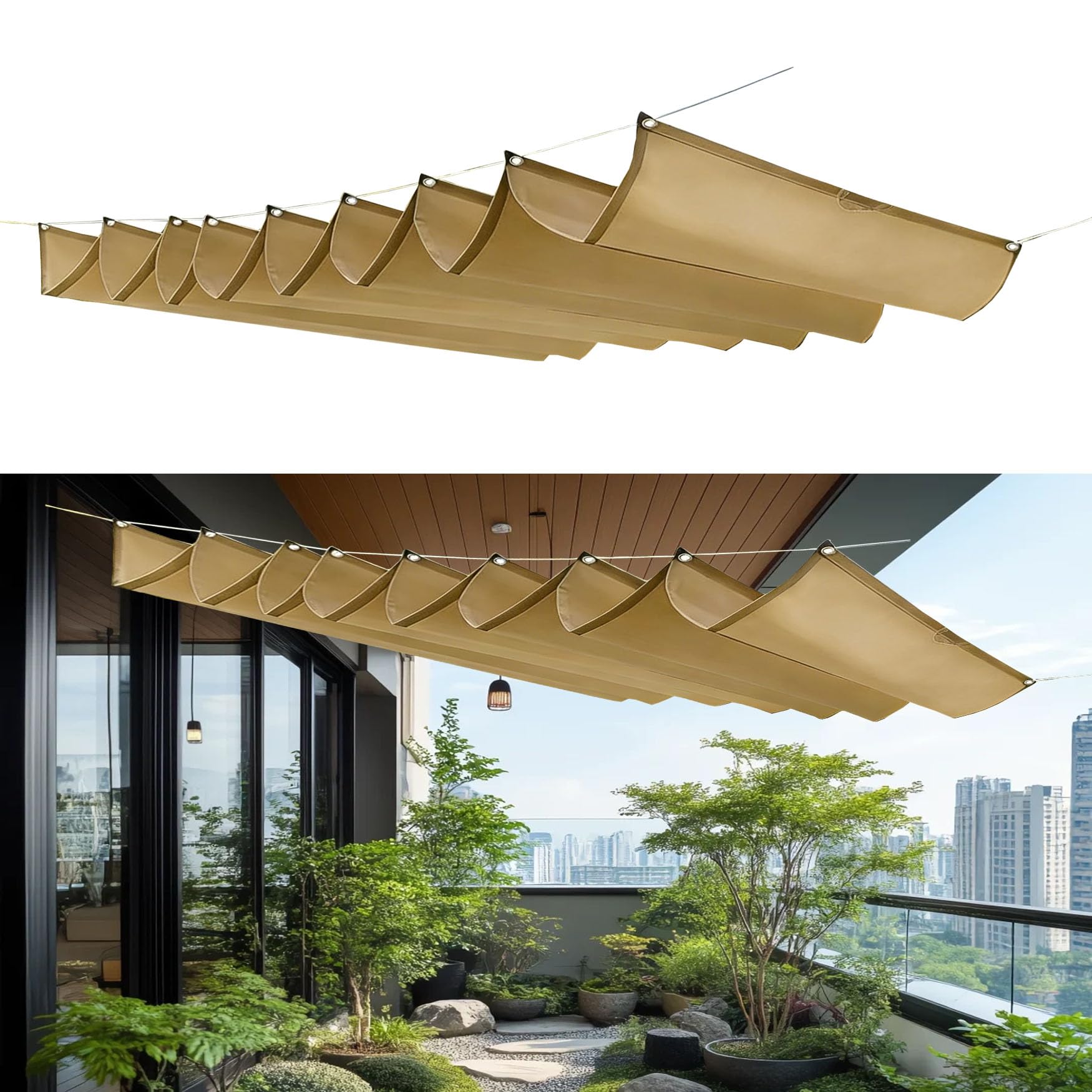 Einziehbar Welle Sonnensegel 140 x 820 cm Uv-Schutz Reißfest Sonnenschutz Wasserdicht Winterfest mit Ösen Spannmarkise Beschattung für Terrasse Garten Pergola, Khaki