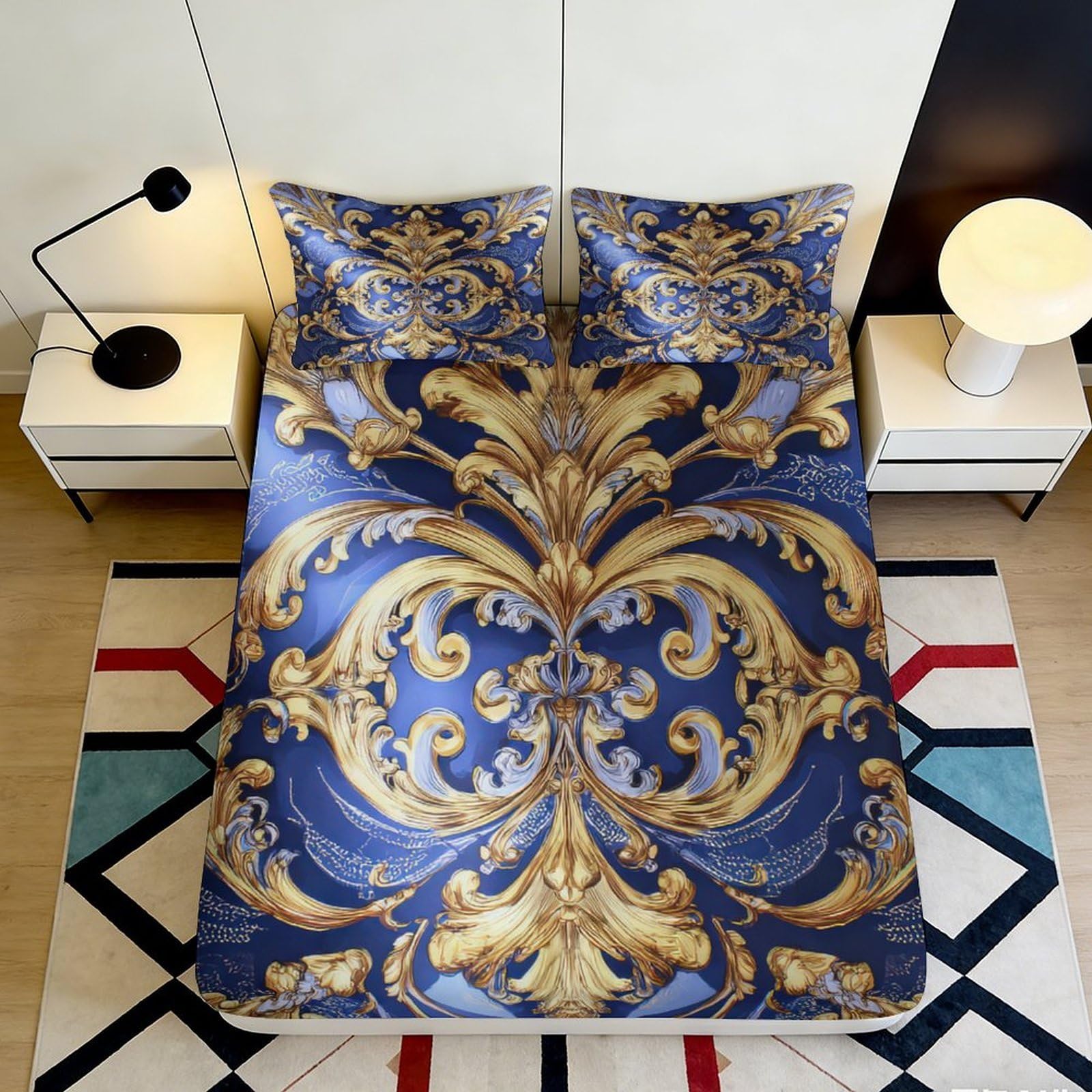 3D Printed Baroque Royal Fitted Sheet Microfiber Soft Blue Gold Ornate Mattress Cover for Bedroom Guest Room Decor 140x200x25cm