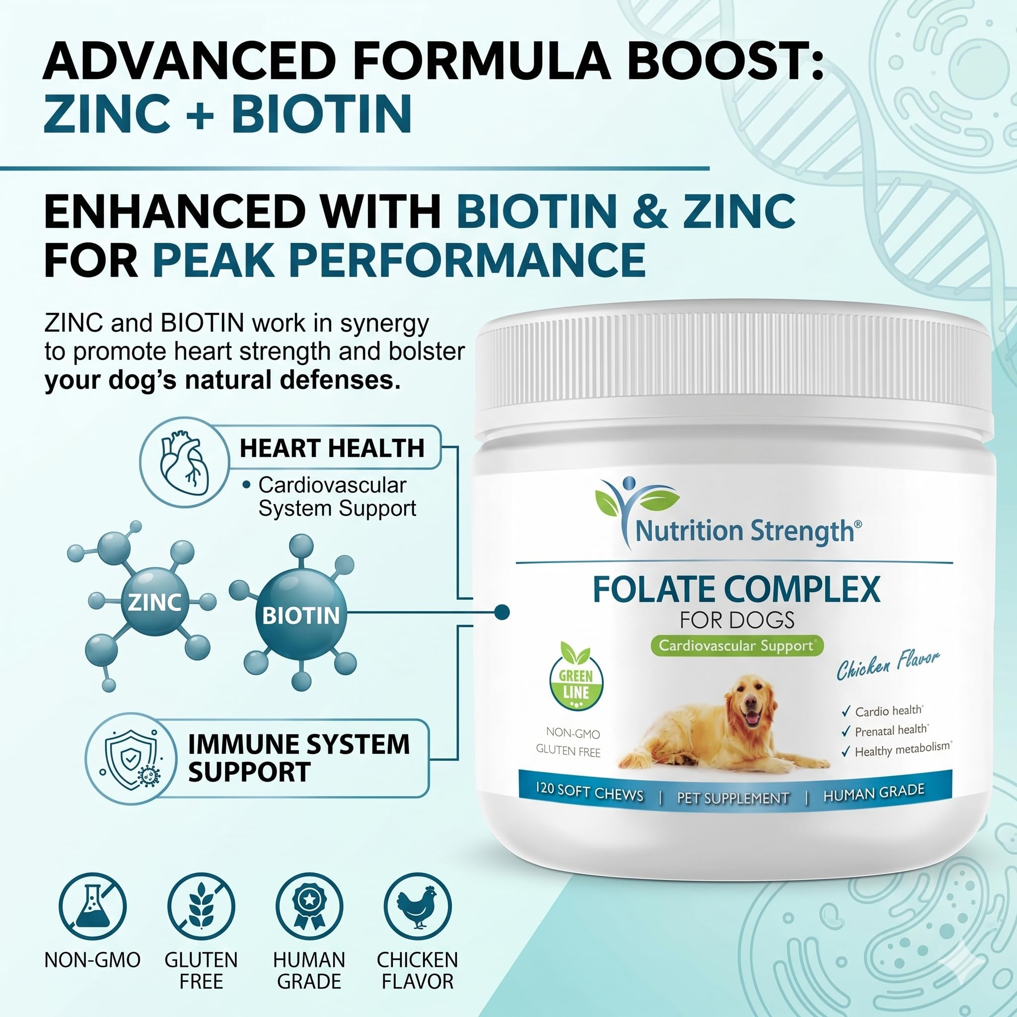 Folate for Dogs to Promote Cardiovascular & Prenatal Health, Support DNA Synthesis & Cell Maintenance, Folic Acid for Dogs with Zinc, Biotin, Iron & Vitamin B12, 120 Soft Chews — Amazon image 4