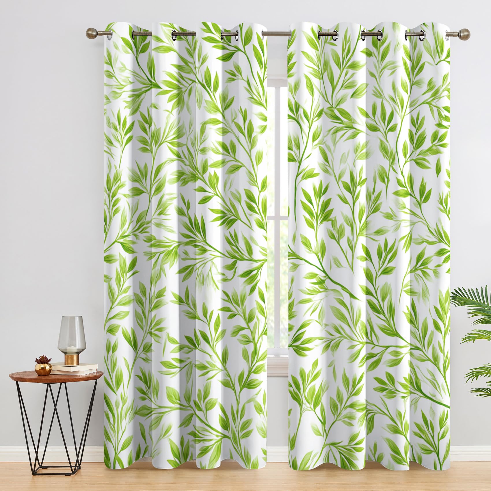 Green Leaf Curtains Blackout for Home Decor, Thermal Curtains Nature Botanical Leaves Pattern, Living Room & Bedroom Eyelet Drapes 72 Inch Drop, 66x72, 2 Panels A&1326