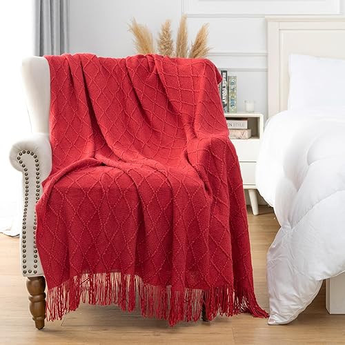 Miniatura 2 de Manta de punto rojo para sofá, suave, ligera, decorativa, de acrílico, bohemio, manta tejida cálida con borla para viajes, sofá, dormitorio (50 x 60