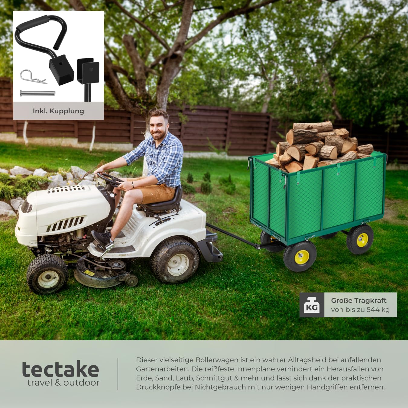 tectake® Bollerwagen, mit Seitenwänden klappbar, Handwagen, Transportwagen zum Anhängen und Ziehen, hochbelastbar bis 544kg, als Einkaufstrolley, Transportkarre, Rollwagen, Strand Bollerwagen