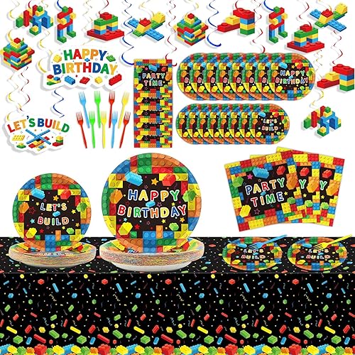 Juego de 146 piezas de bloques de construcción para fiesta de cumpleaños, decoraciones de ladrillo de cumpleaños para niños, platos de papel,