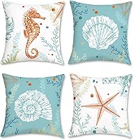 Bonhause Coastal Cushion Covers 45 x 45 cm Double Sided Seahorse Starfish Shell Decorative Blue Throw Pillow Covers for...