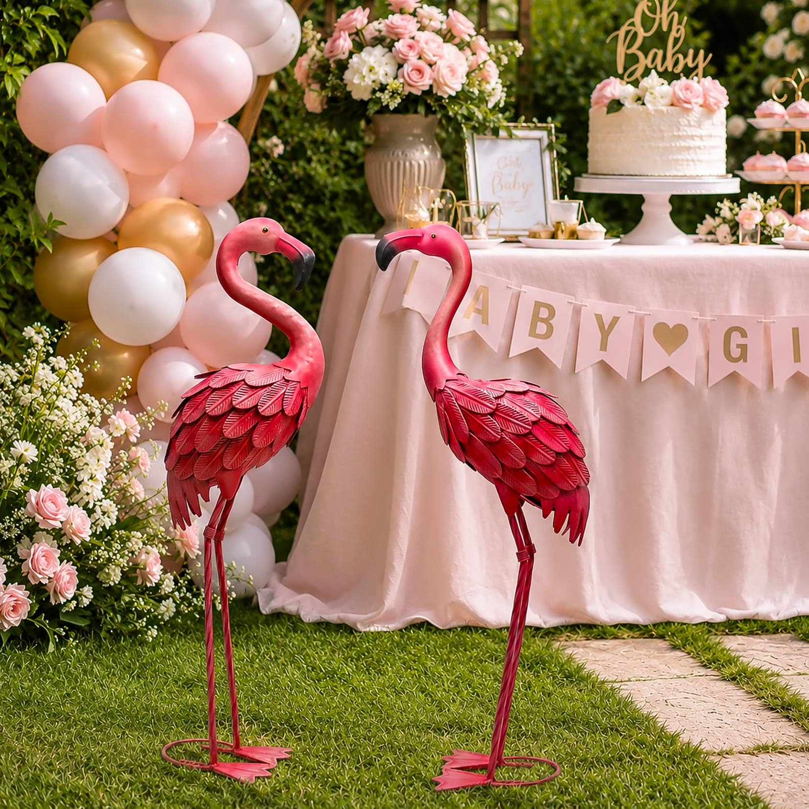 YOUKI Decoración de flamencos de metal para patio, flamencos rosados, estatuas de jardín, flamenco rojo, esculturas al aire libre para exteriores, hogar, patio, césped, decoración de patio, juego de 2