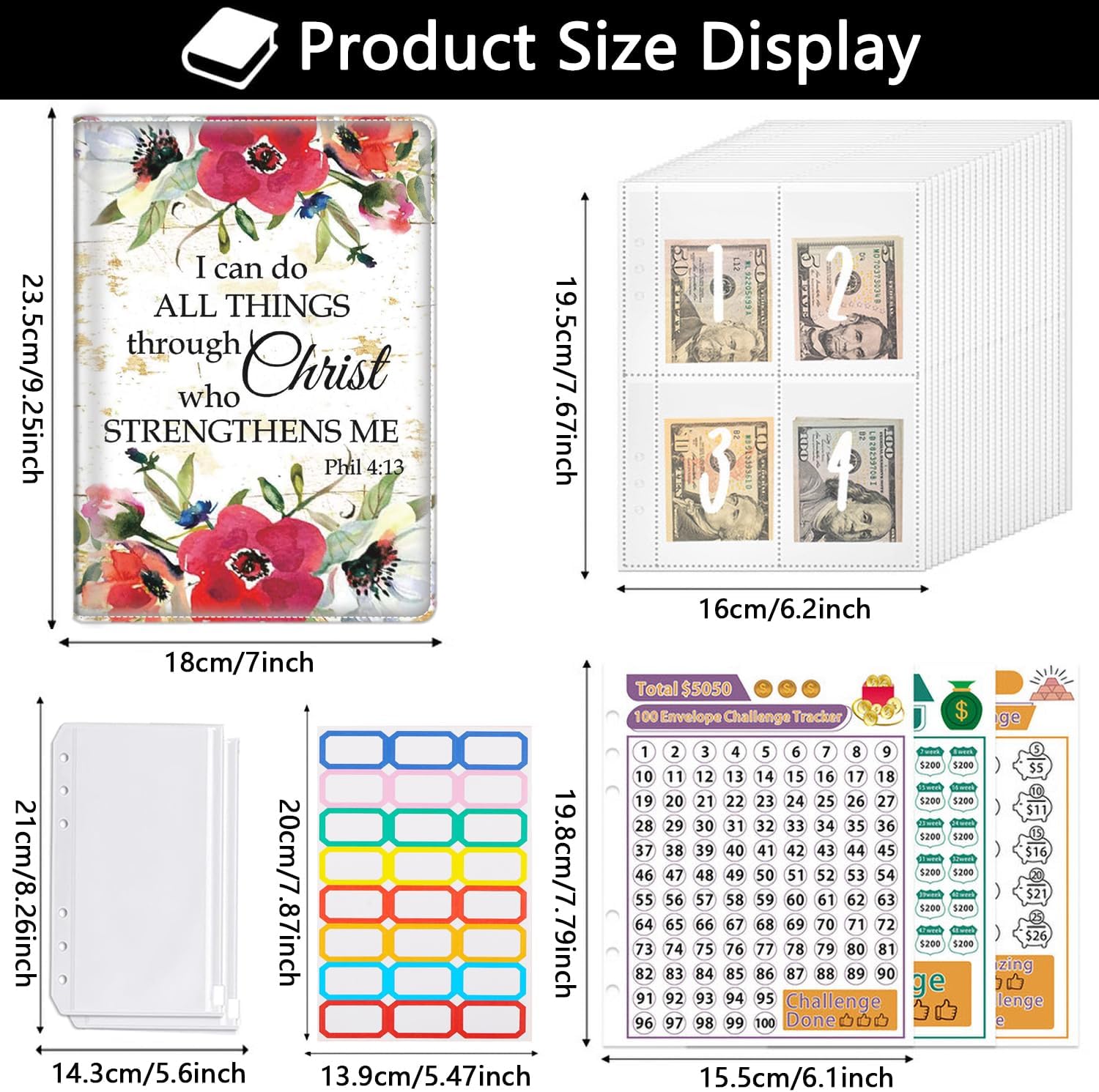 100 Envelopes Challenge Binder Money Saving Challenge Book for Money Saving, A5 Savings Binder Budget Planner with Cash Envelopes and Stickers,Philippians 4-13 Red Watercolor Flowers